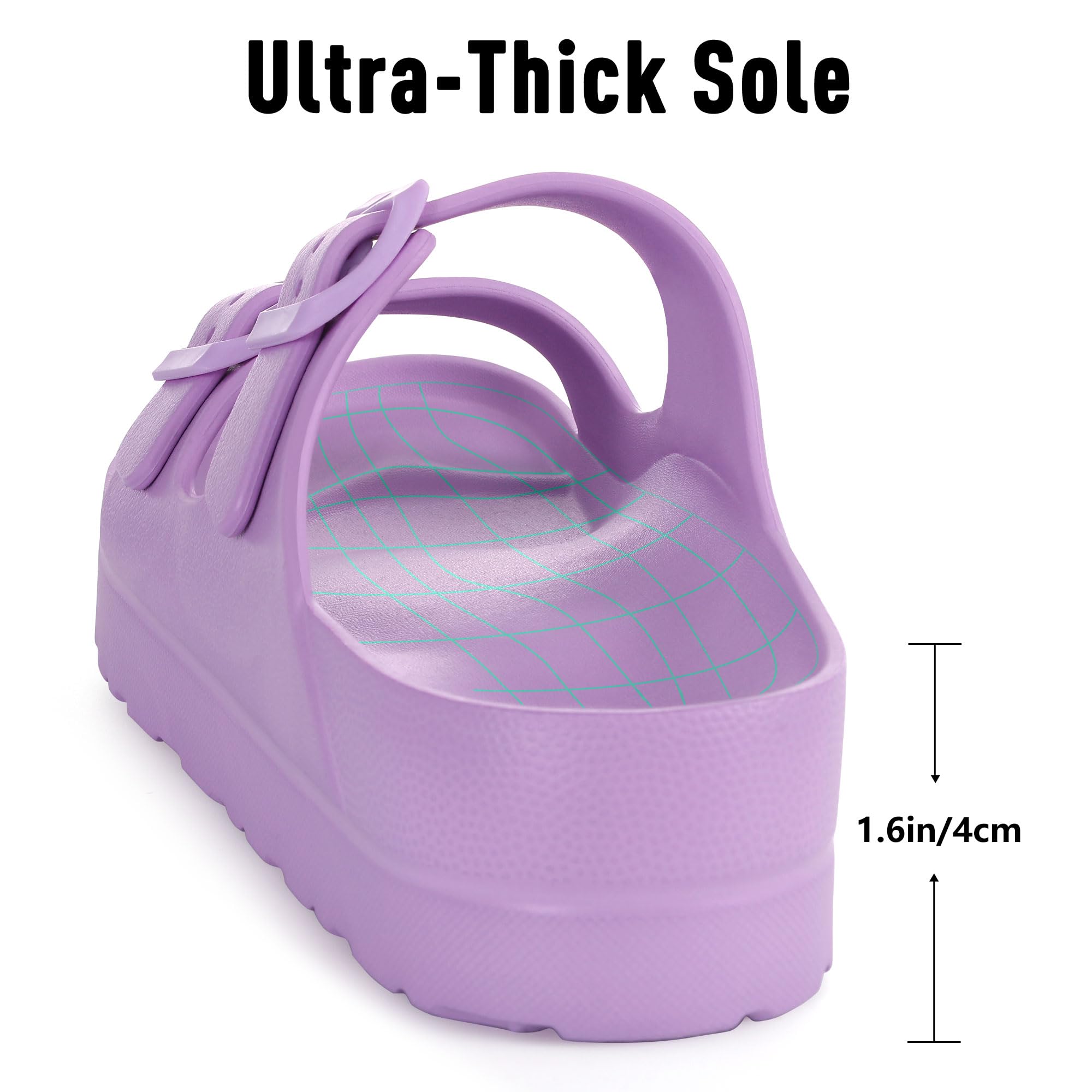 Goosecret Women's Platform Sandals with Arch Support Chunky Lightweight Foam Slip on Slides Comfortable Summer Beach Sandals with Adjustable Buckle Purple, 38(size 7.5)