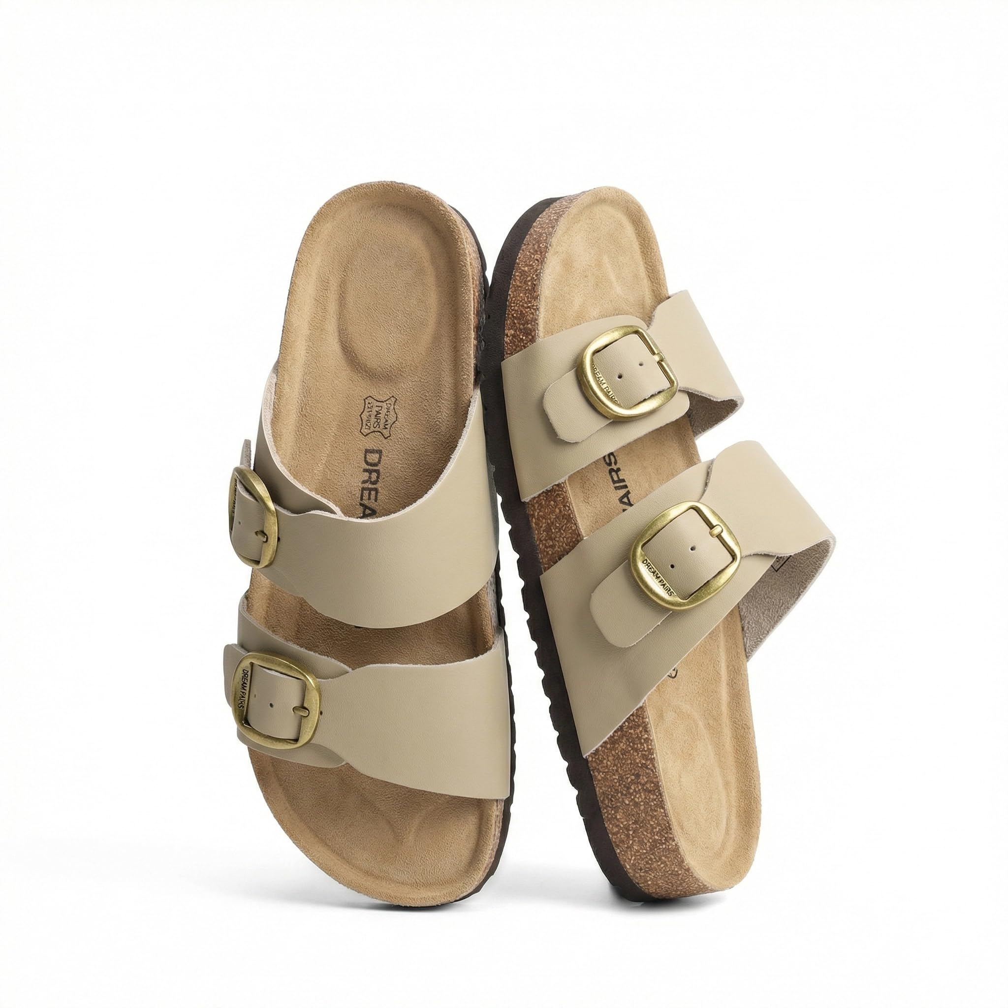 DREAM PAIRS Women's Slides Soft Genuine Footbed Sandals Comfortable Adjustable Double Buckle Slip-on Flat Sandals with Arch Support Frame Dual Slippers for Summer 2026,Size 7,Taupe,SDSS26004W