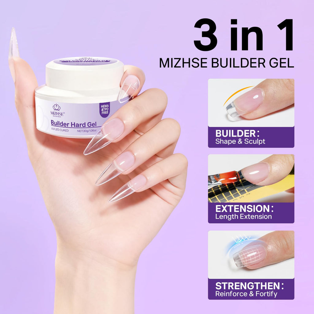 MIZHSE HEMA-Free Hard Gel for Nails-1.06oz Clear Builder Gel Nail Stengthener U V/LED Extension Gels for Nail Repair for DIY Home Salon Women Gifts Lamp Cured