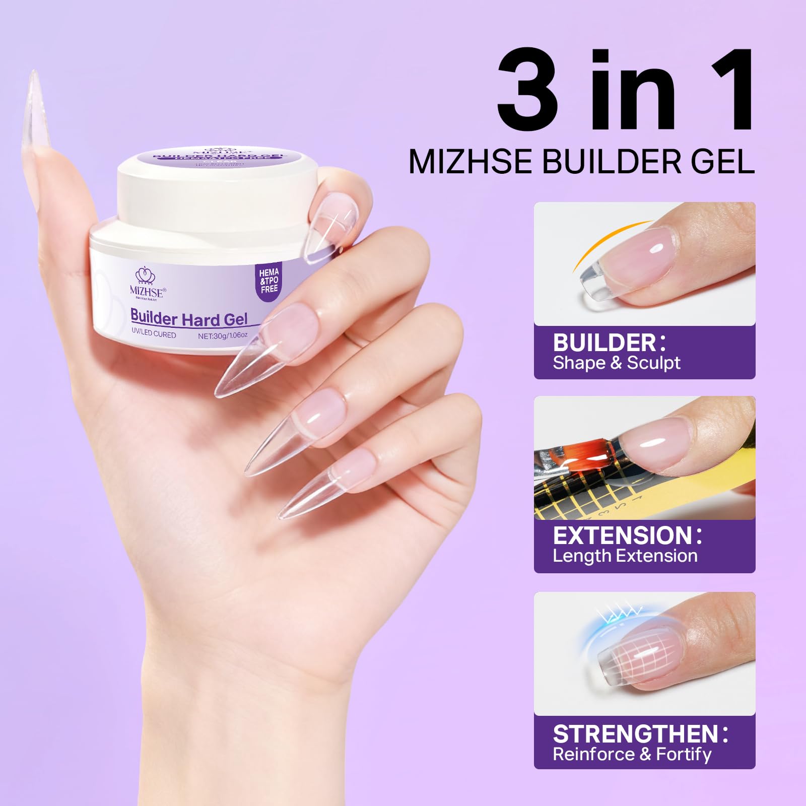 MIZHSE HEMA-Free Hard Gel for Nails-1.06oz Clear Builder Gel Nail Stengthener U V/LED Extension Gels for Nail Repair for DIY Home Salon Women Gifts Lamp Cured