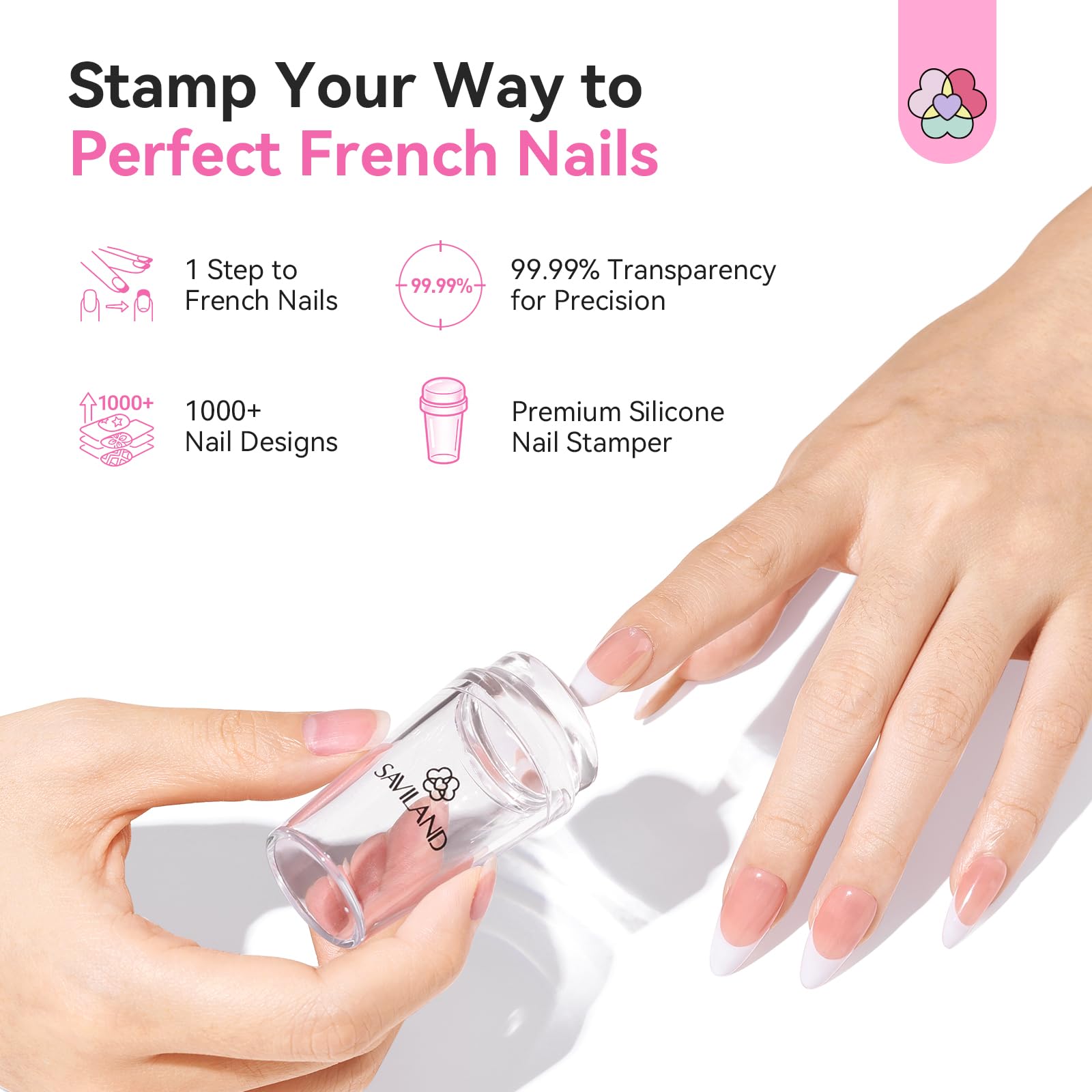 Saviland French Tip Nail Stamp: 4PCS Nail Art Stamper Kit Clear Silicone Nails Stamping Long & Short Jelly Stamper with Scrapers Nails Stamper Kit for French Manicure Home DIY Salon