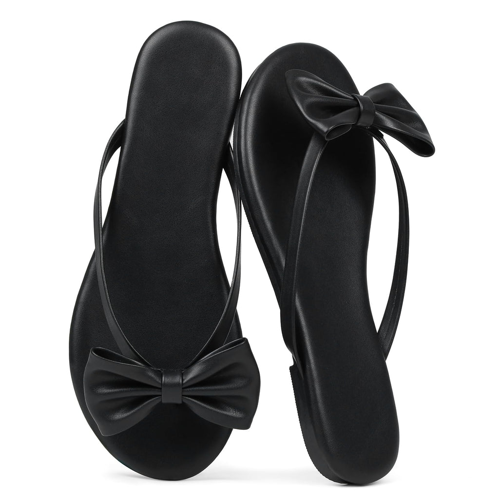 Phefarer Flip Flops for Women Flat Thong Sandals with Bow Knot Open Toe Cute Comfortable Black Beach Sandals Dressy Daily Casual Walking Summer Shoes Size 7
