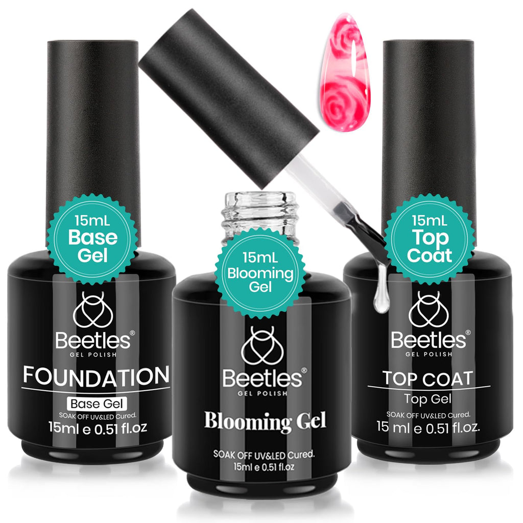 Beetles Blooming Gel & Base Top Coat Set, 3PCS 15ML Shine Finish Long Lasting No Wipe Top Coat Gel Nail Polish Base Spreading Marble Effect Soak off UV LED Nail Art Winter Nail Gifts for Women