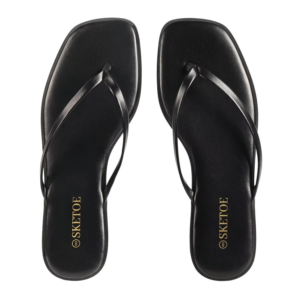 SKETOE Flip Flops for Women Square Toe Flat Sandals for Women Comfortable Thong Sandals Leather Flip Flops Lightweight Summer Beach Sandals Dressy Vacation Essentials Slides, Black