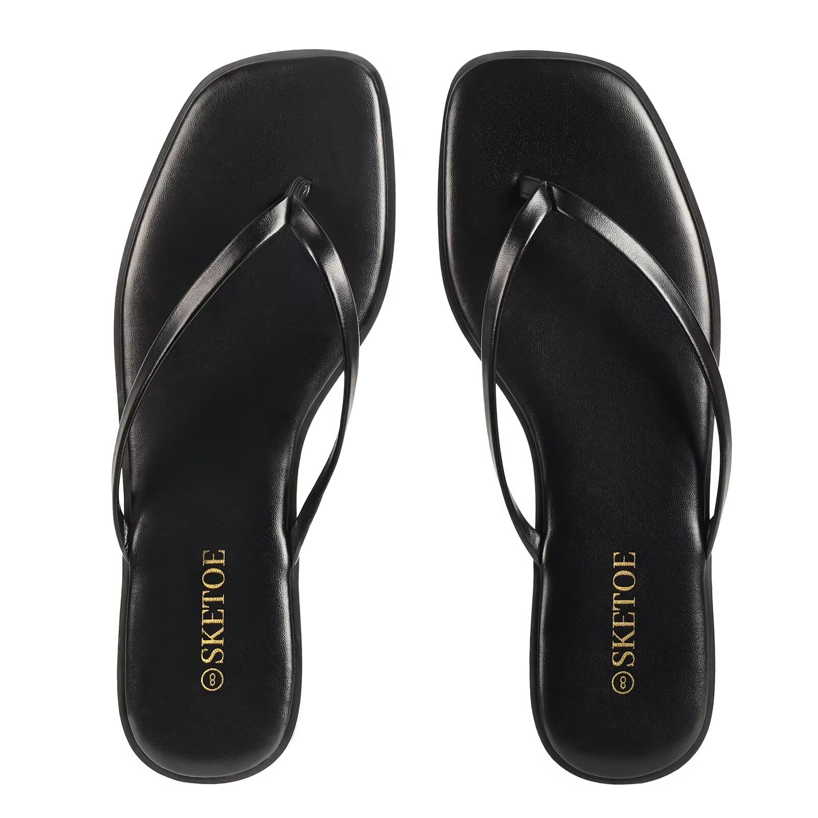 SKETOE Flip Flops for Women Square Toe Flat Sandals for Women Comfortable Thong Sandals Leather Flip Flops Lightweight Summer Beach Sandals Dressy Vacation Essentials Slides, Black