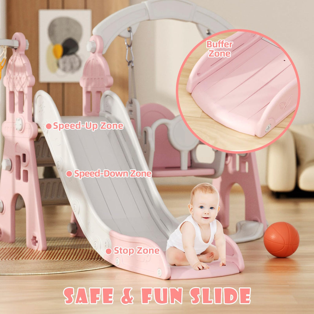 XJD 4-in-1 Toddler Slide and Swing Set, Kids Slide for Toddlers Age 1+, Toddler Outdoor Playset with Basketball Hoop, Swing, Outdoor Indoor Playground for Toddlers 1-3 (Pink)