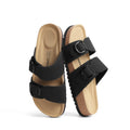 DREAM PAIRS Women's Slides Soft Genuine Footbed Sandals Comfortable Adjustable Double Buckle Slip-on Flat Sandals with Arch Support Frame Dual Slippers for Summer 2026,Size 7,Black,SDSS26004W