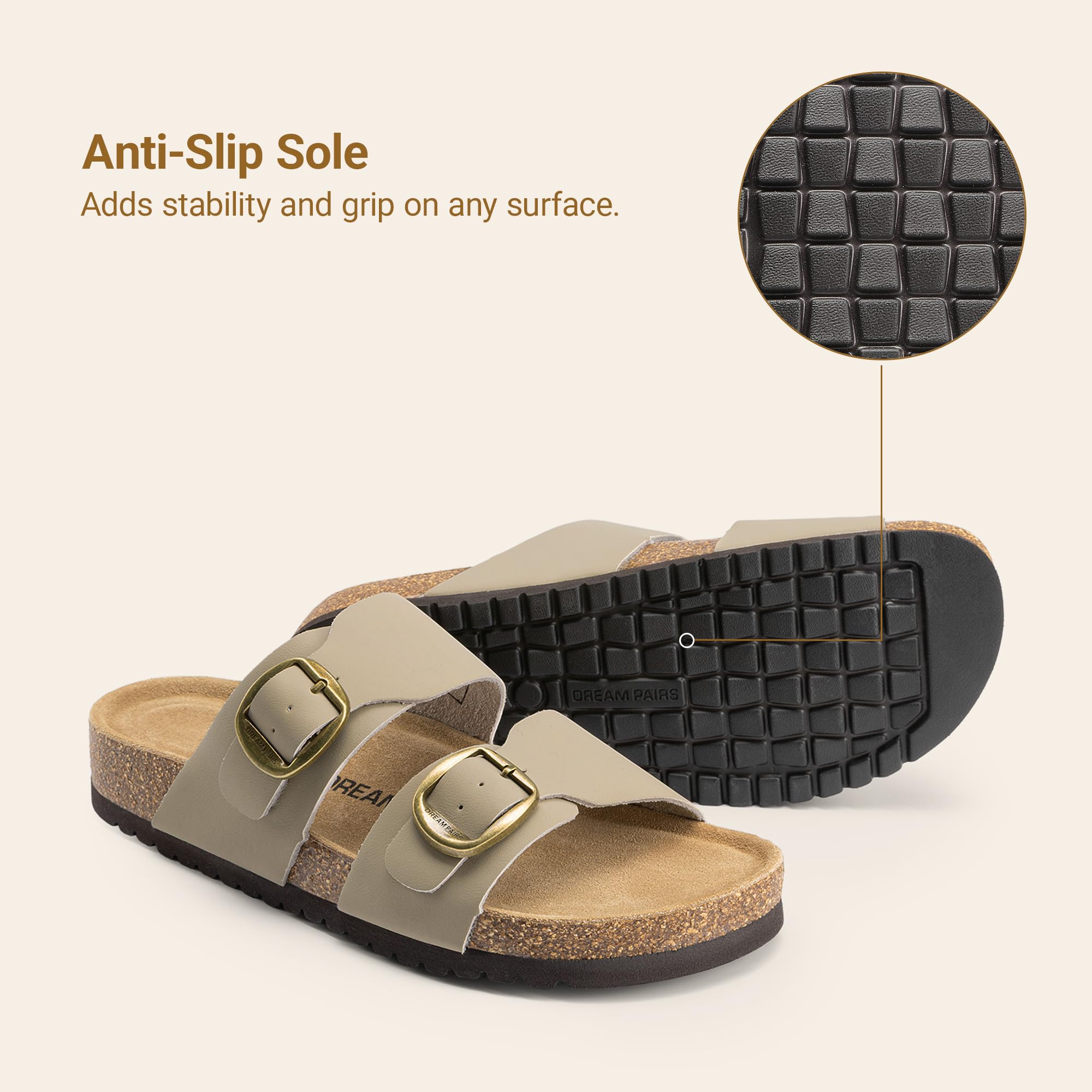 DREAM PAIRS Women's Slides Soft Genuine Footbed Sandals Comfortable Adjustable Double Buckle Slip-on Flat Sandals with Arch Support Frame Dual Slippers for Summer 2026,Size 7,Taupe,SDSS26004W