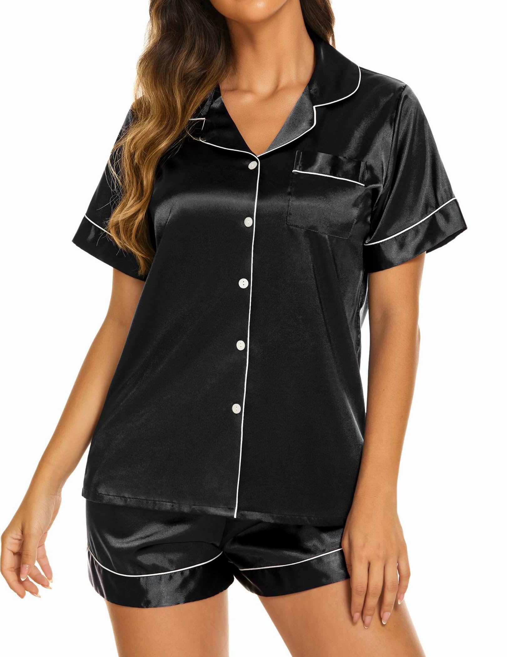 Ekouaer Silk Pajamas for Women Short Sleeve Sleepwear Soft Button Down Loungewear 2 Piece Satin Pjs Shorts Set,Black,M