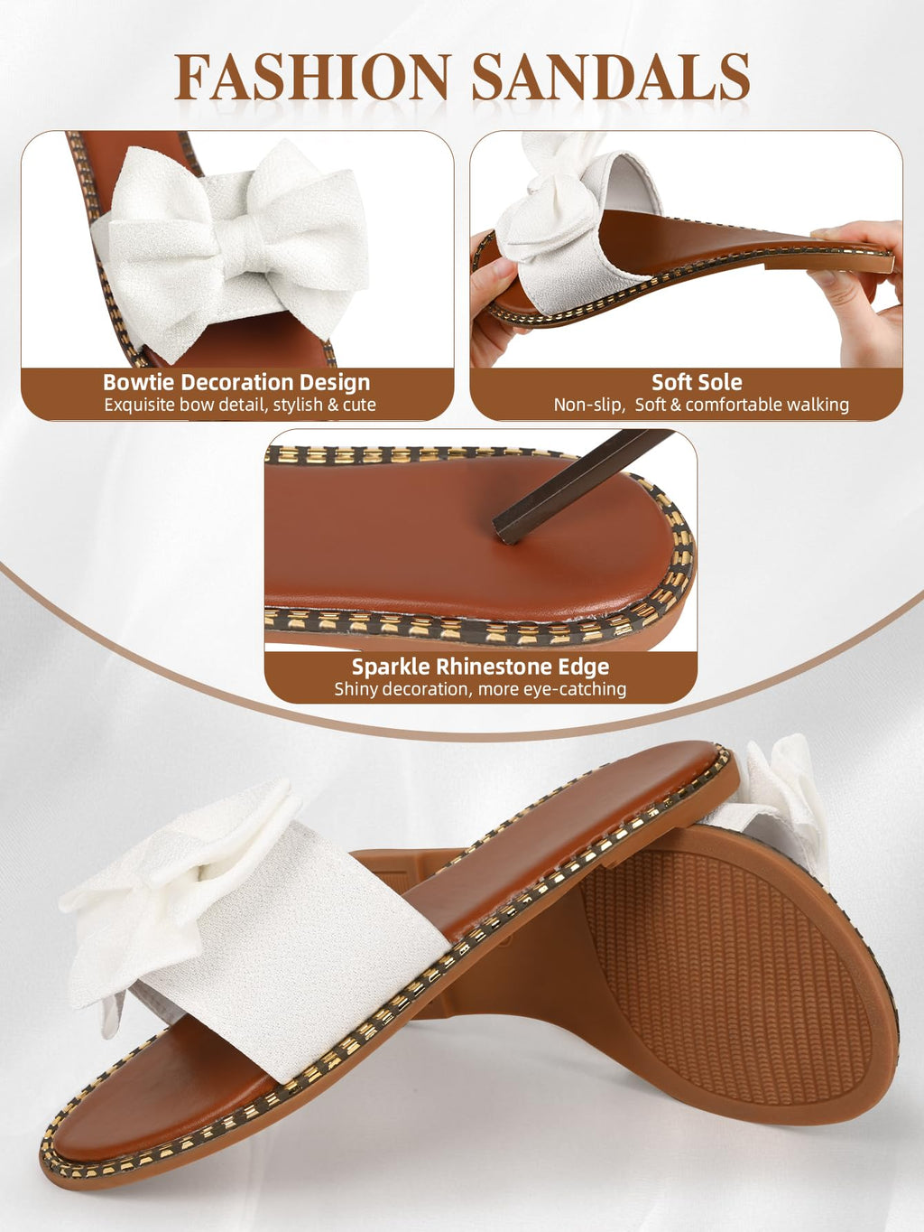 Sksshion Women's Bow Knot Slides Open Toe Flat Sandals Summer Slip On Slippers White 7
