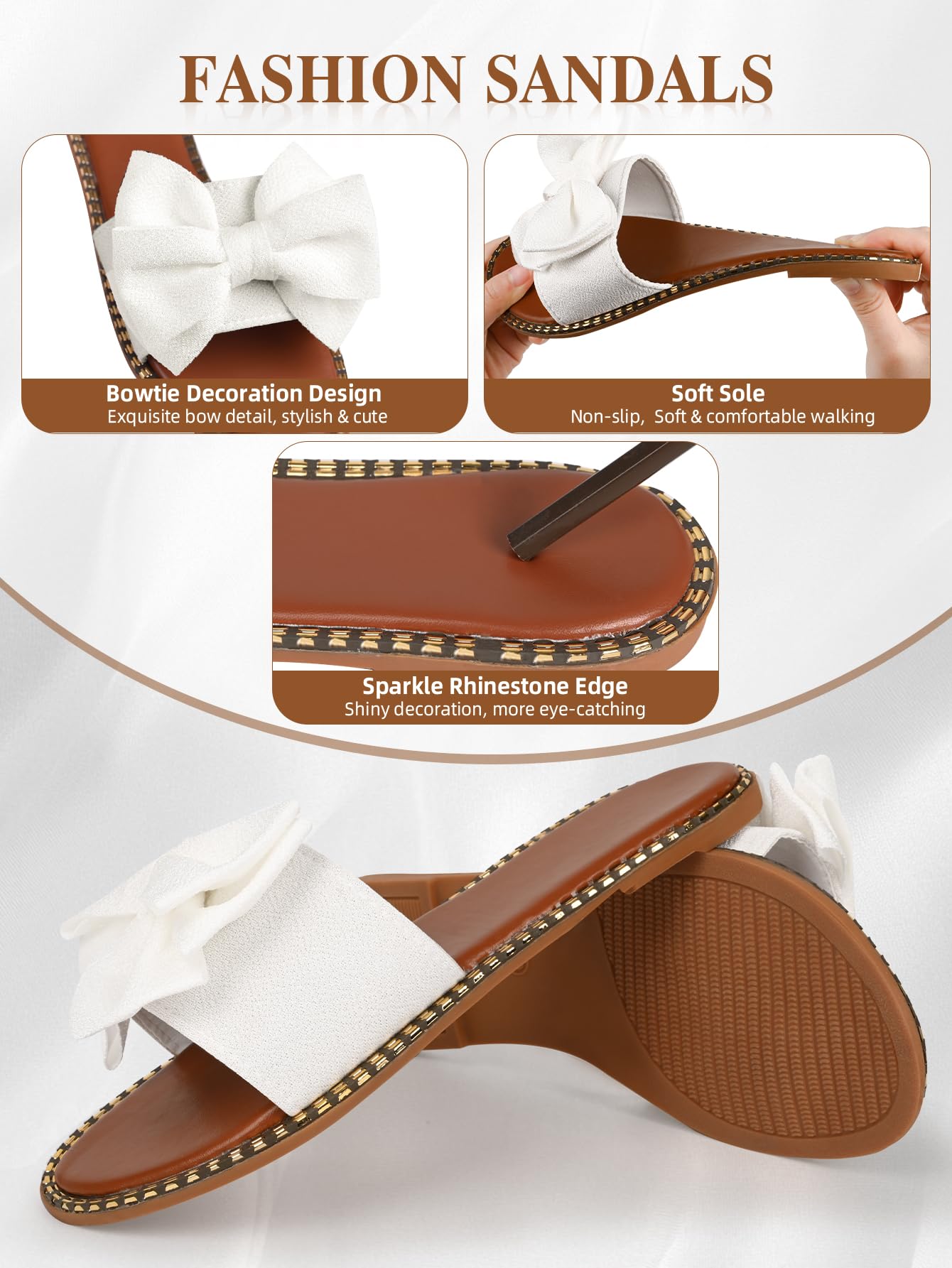 Sksshion Women's Bow Knot Slides Open Toe Flat Sandals Summer Slip On Slippers White 7