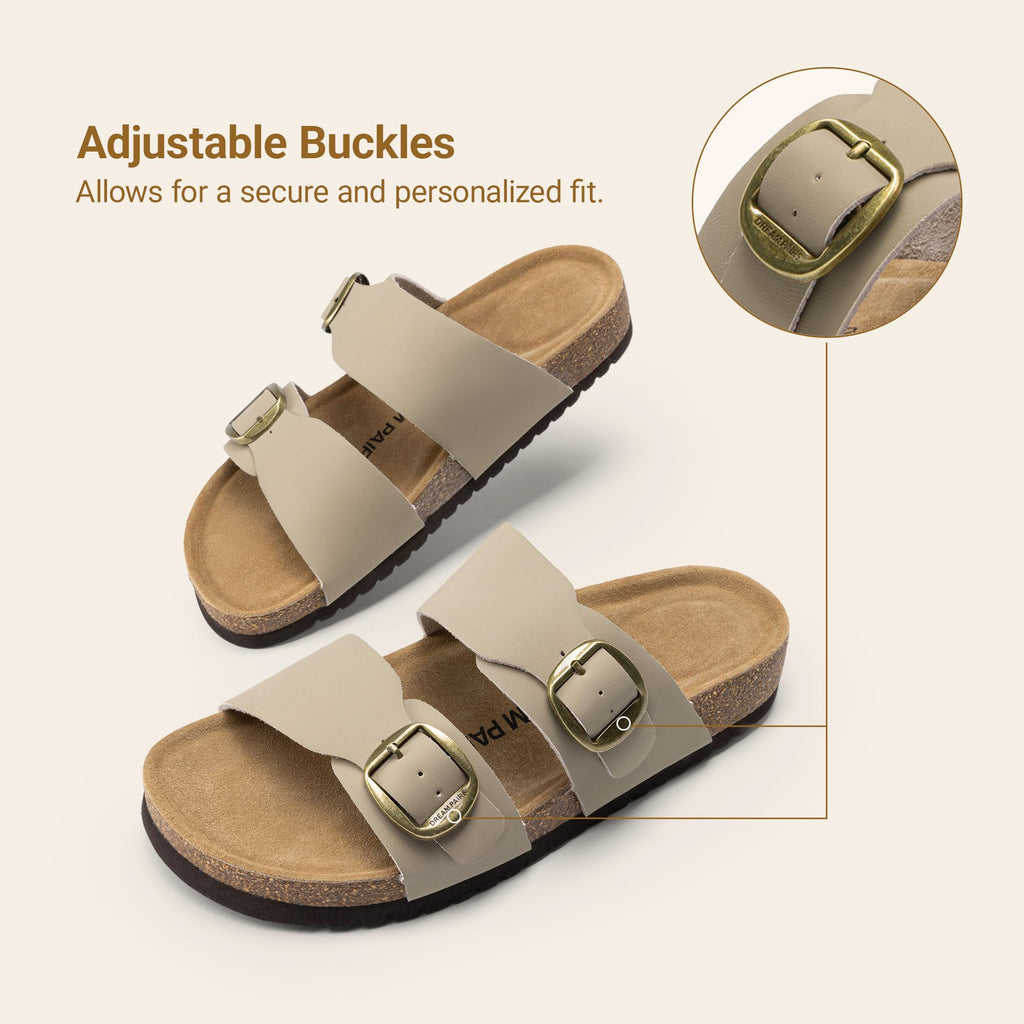 DREAM PAIRS Women's Slides Soft Genuine Footbed Sandals Comfortable Adjustable Double Buckle Slip-on Flat Sandals with Arch Support Frame Dual Slippers for Summer 2026,Size 7,Taupe,SDSS26004W