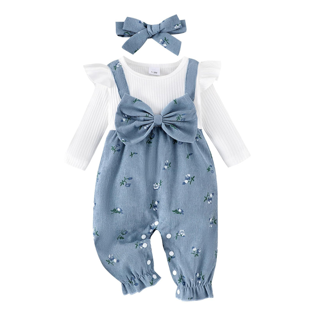 YINGISFITM Newborn Infant Baby Girl Clothes Fall Winter Long Sleeve Bubble Romper Floral Bow One Piece Jumpsuit Cute Outfits (Blue, 3-6 Months)