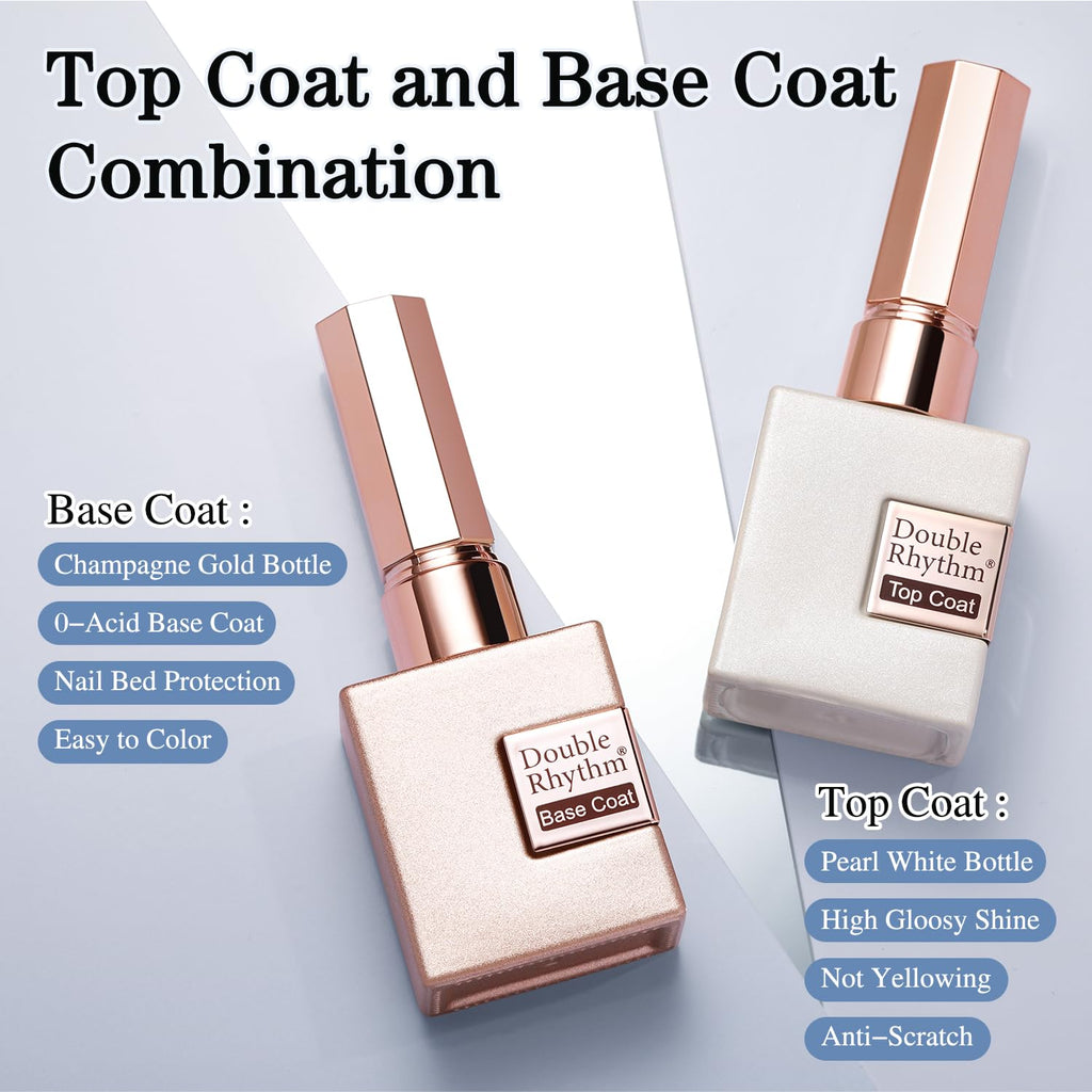 Double Rhythm 2 Pcs 15ML No Wipe Gel Top Coat and Base Coat Set Clear Glossy Gel Polish Kit (Base and Top Coat)