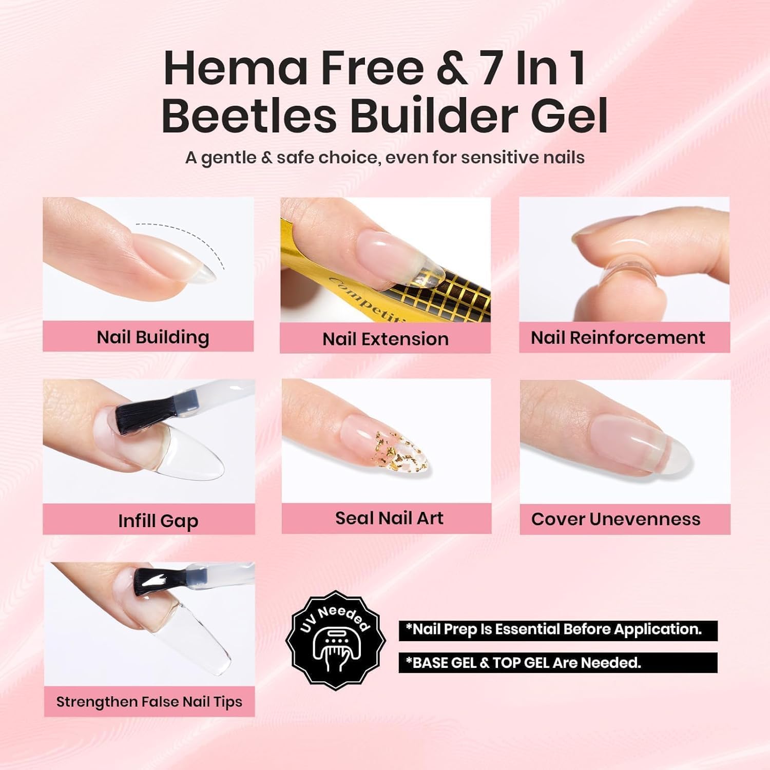 Beetles Builder Gel for Nails HEMA-Free with Nail Art Brush-7 in 1 Clear Building Gel,for Strengthening Thickening Extension Sensitive Nails,Beginner DIY UV Nail Salon at Home,Sheer Breeze Gifts