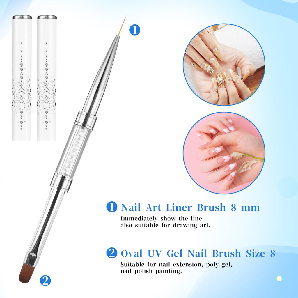 JJUNW 2 Pcs Double Ended Nail Builder Gel Brush, French Tip Brush Hard Gel for Nails, Brush Liner Brush Nails Hard Gel for Design Nails Professional Nail Art(White)
