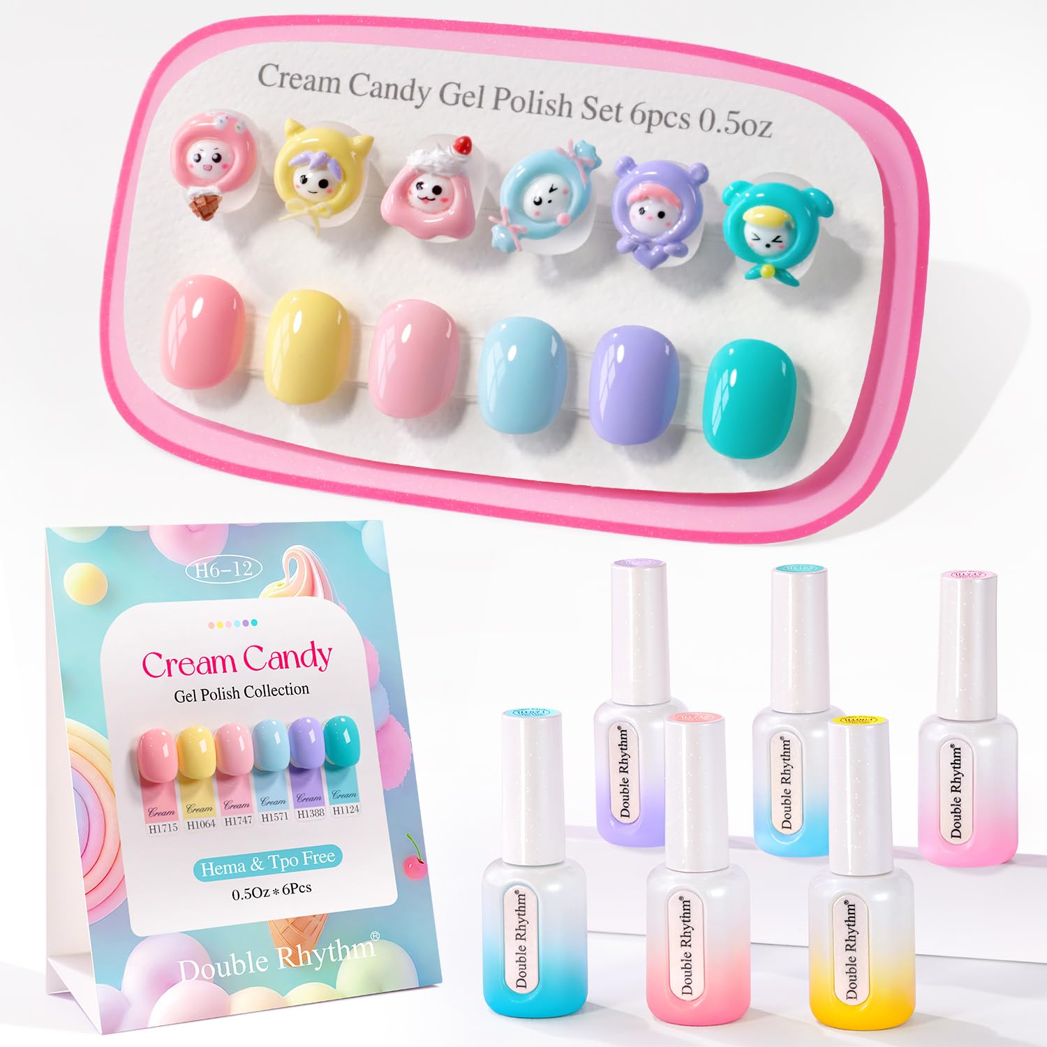 Double Rhythm 6 Pcs Hema Free Gel Polish Set 0.50 OZ Same Color Same Bottle Soak Off Neutral Natural Milky Gel Polish Kit Nail Art Manicure Salon DIY at Home (Pink Blue Green Teal-H6-12)