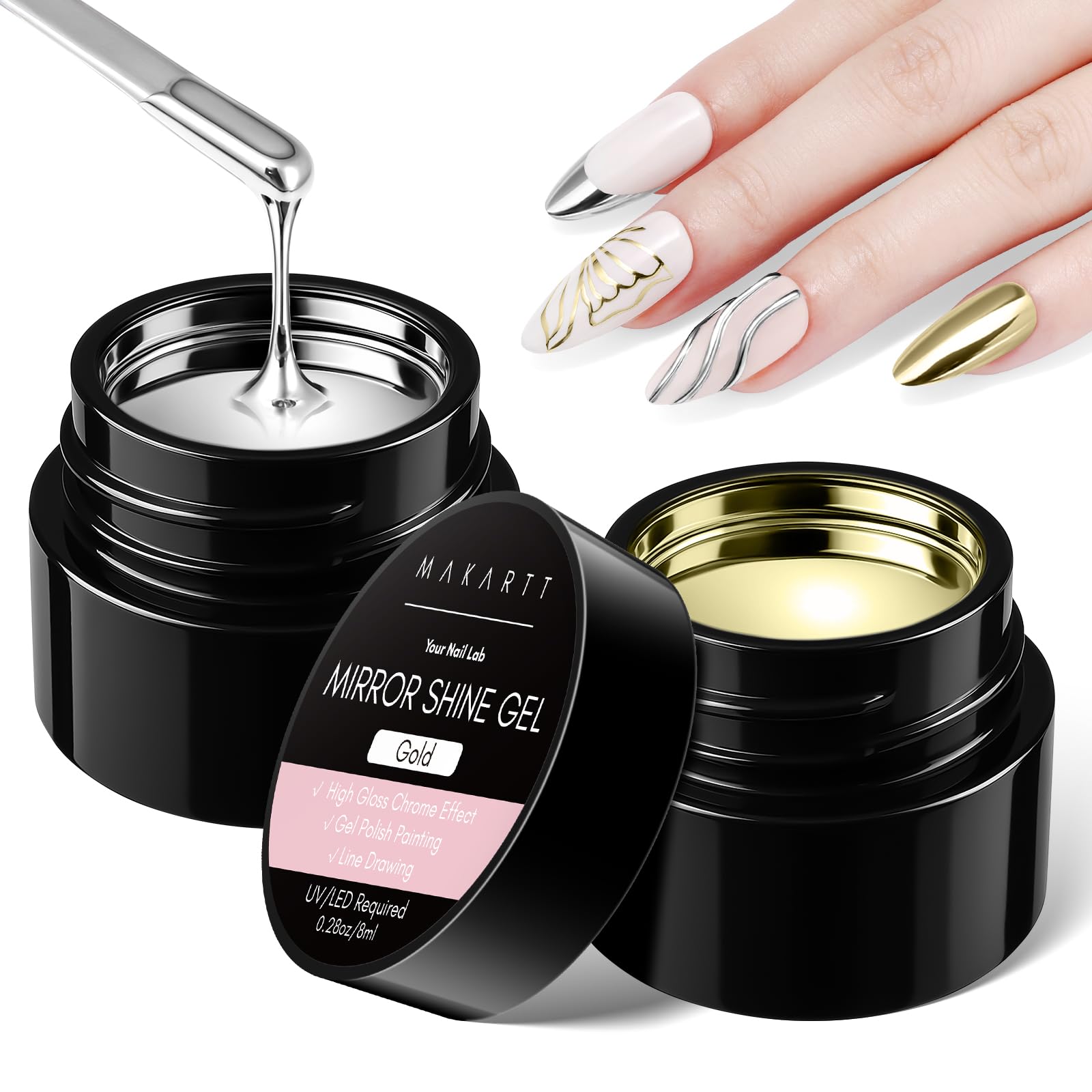 Makartt Chrome Gel Nail Polish Set: Metallic Gel Nail Polish, Silver and Gold 3D Metal Painting Gel for Nail Art Soak off UV/LED Glossy Mirror Effect Nail Gel for Home Salon DIY Manicure（2pcs）