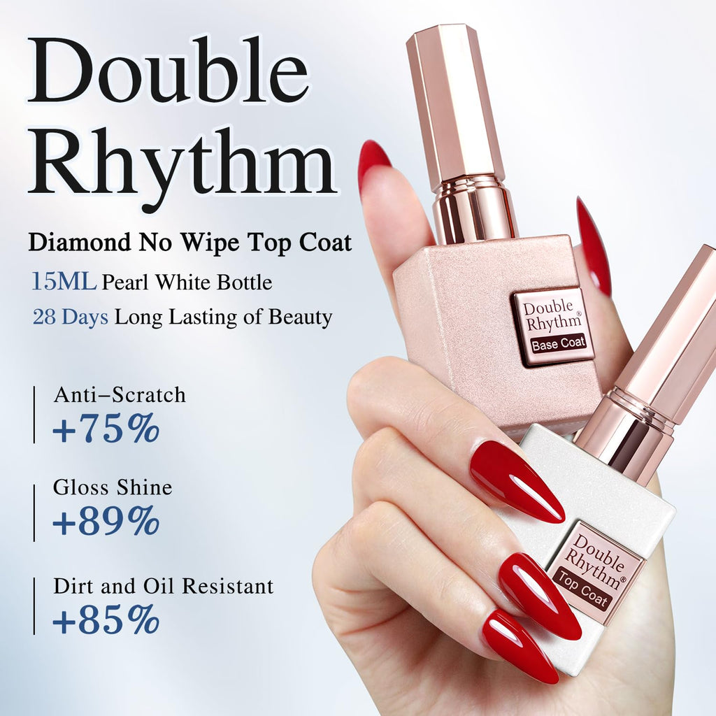 Double Rhythm 2 Pcs 15ML No Wipe Gel Top Coat and Base Coat Set Clear Glossy Gel Polish Kit (Base and Top Coat)
