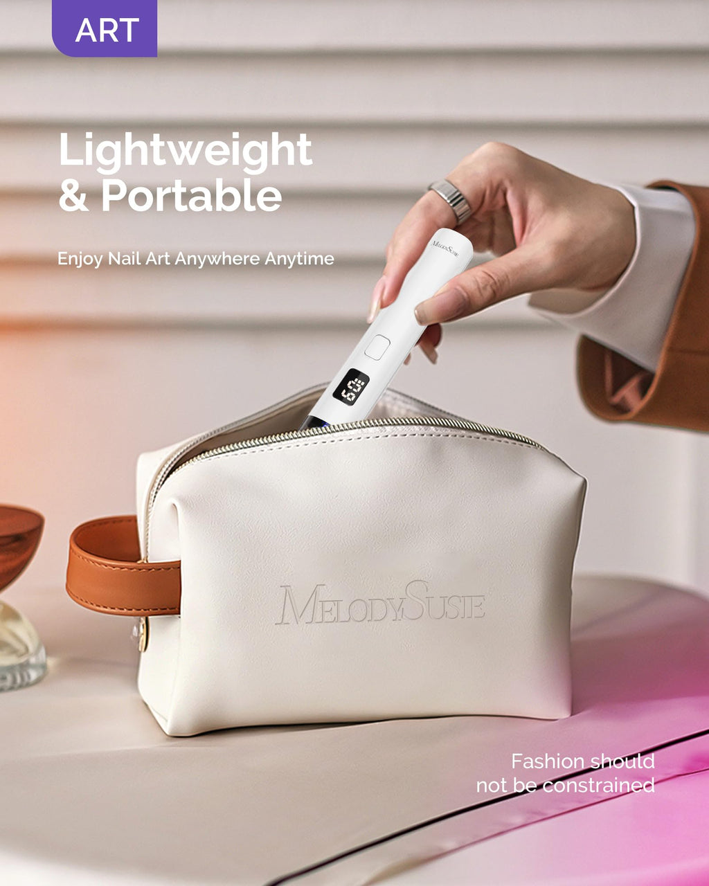 MelodySusie Handheld Cordless UV Nail Lamp with LCD Display & Eye-Protection Cover, P-Art01R Rechargeable Mini UV LED Light Flash Cures All Soft Gels, Especially Rhinestone Glue & Liner Gel White
