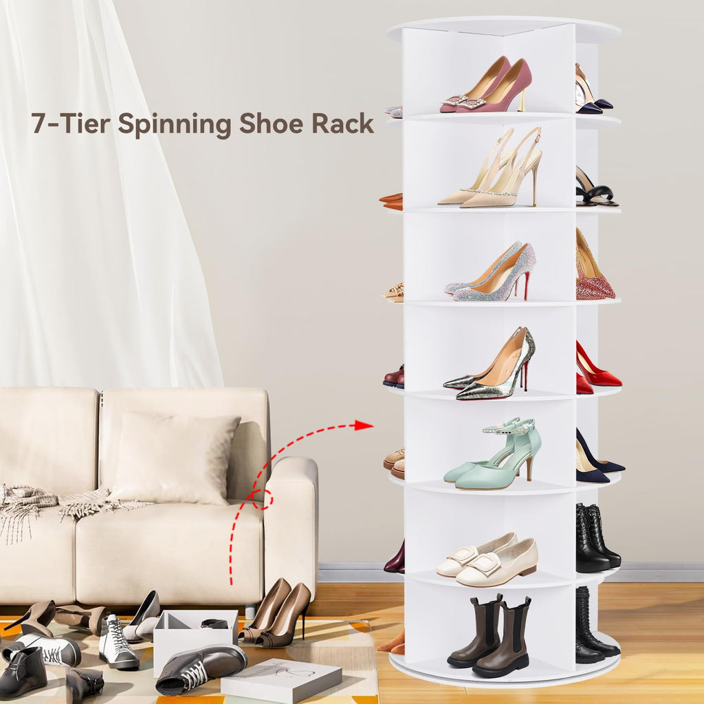 WGCTEK Rotating Shoe Rack Tower, 7 Tier 28 Pairs Large Shoe Storage Organizer, Space-Saving Free Standing Shoe Racks, 360° Revolving Round Shoe Rack for Closet Handbag Display, White