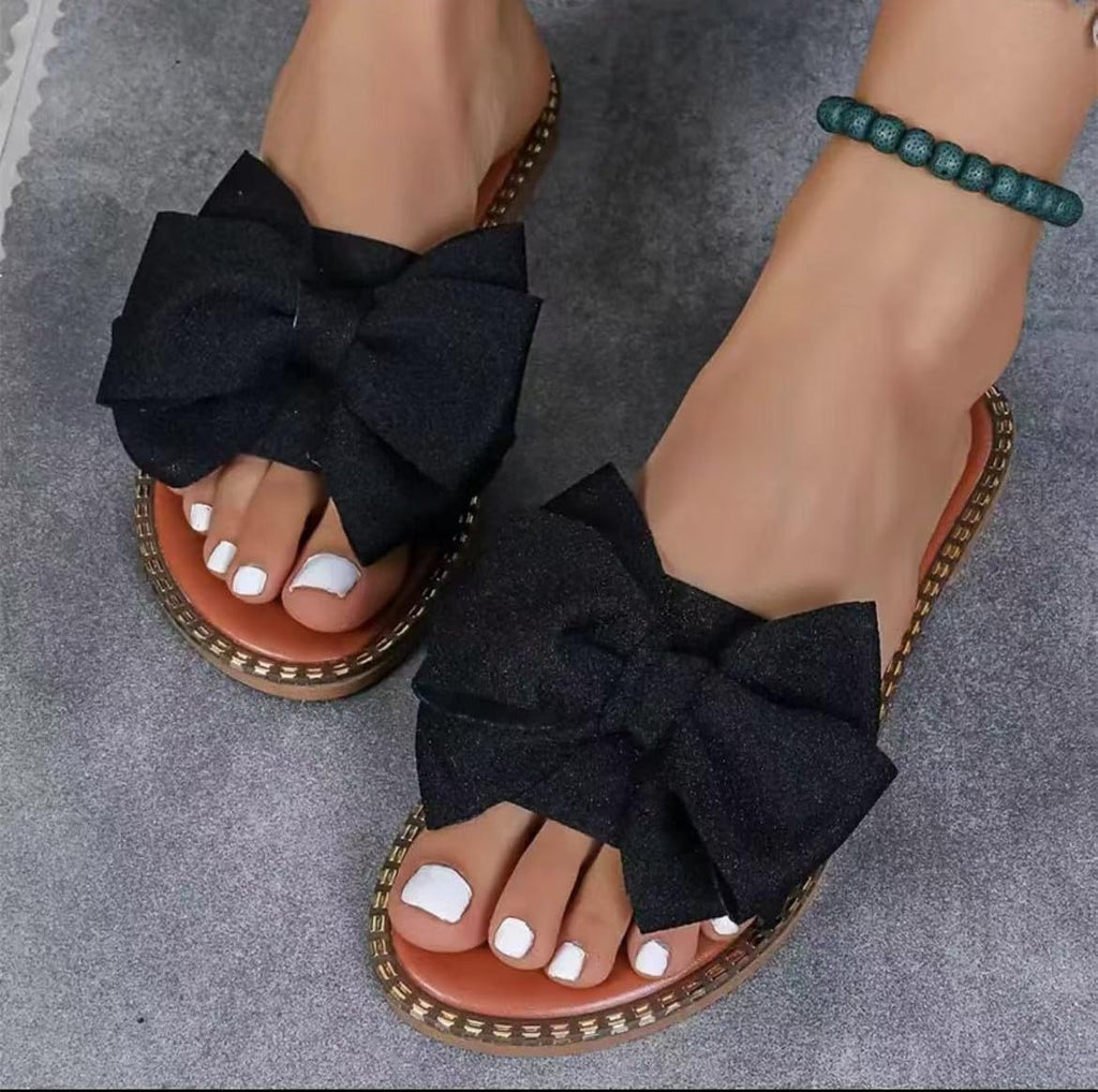 Sksshion Women's Bow Knot Slides Open Toe Flat Sandals Summer Slip On Slippers Black 7