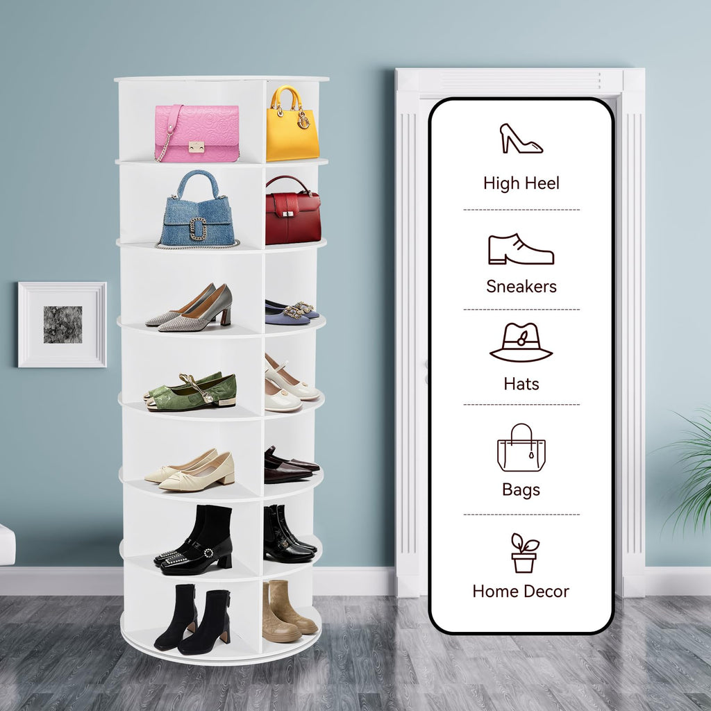 WGCTEK Rotating Shoe Rack Tower, 7 Tier 28 Pairs Large Shoe Storage Organizer, Space-Saving Free Standing Shoe Racks, 360° Revolving Round Shoe Rack for Closet Handbag Display, White