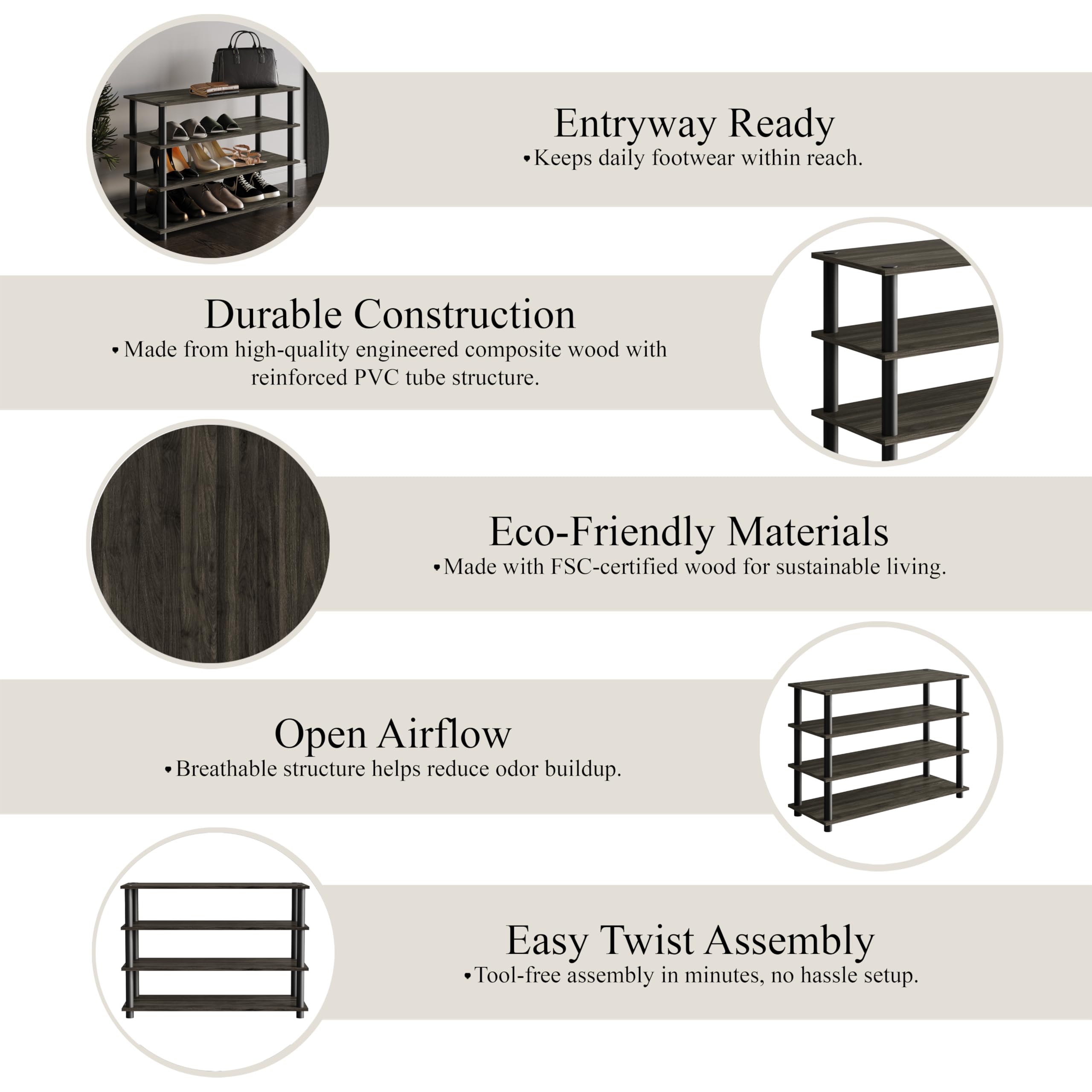 Castle Place Simple 4-Tier Shoe Rack, Multi-Layer Storage Organizer for Entryway and Home, Dark Grey