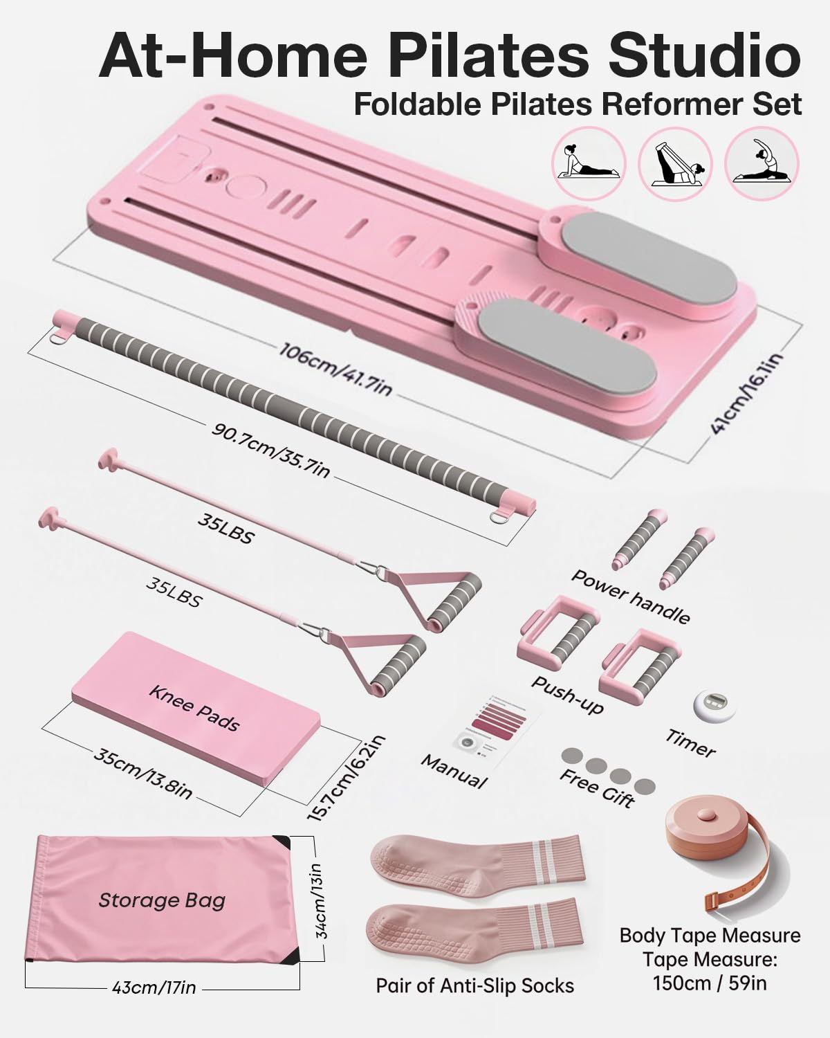 Pilates Board, Pilates Reformer Set Gifts for Women, New Upgraded Multi-Purpose Pilates Board for Home Workouts, Foldable Home Pilates Machine for Fitness, Exercise, Abs, Core Equipment (Pink)