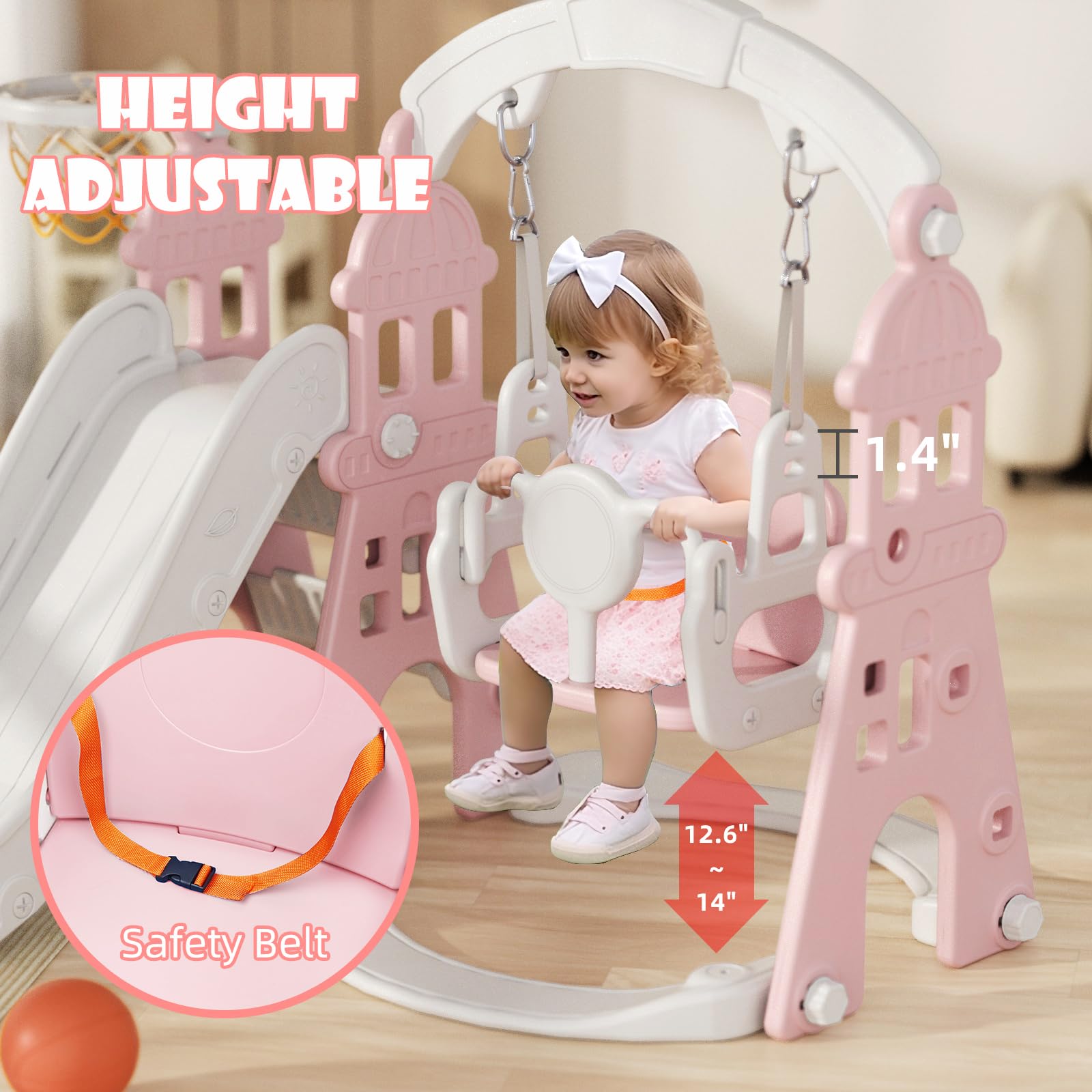 XJD 4-in-1 Toddler Slide and Swing Set, Kids Slide for Toddlers Age 1+, Toddler Outdoor Playset with Basketball Hoop, Swing, Outdoor Indoor Playground for Toddlers 1-3 (Pink)