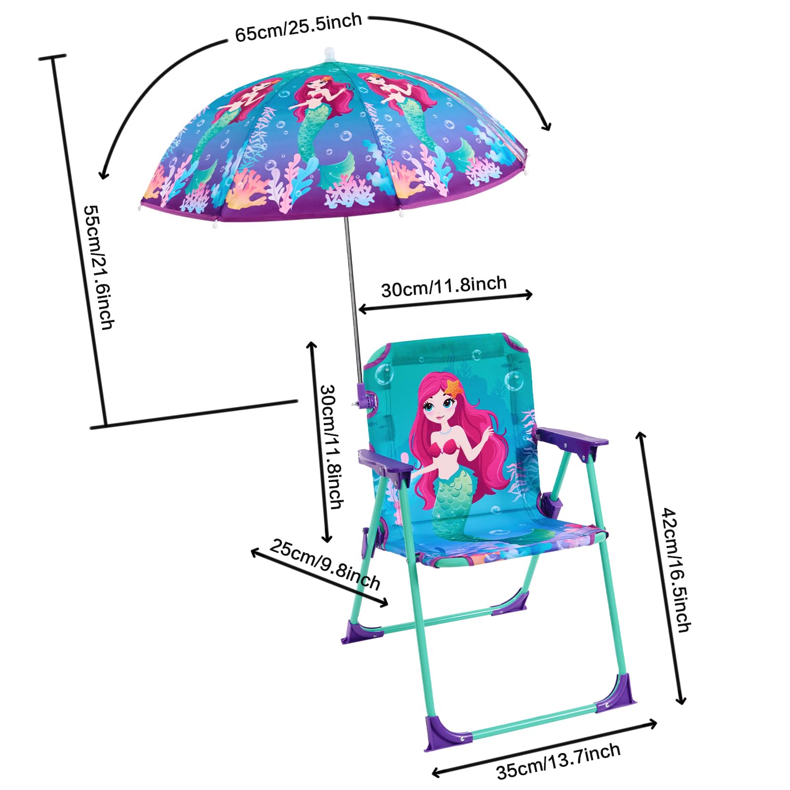 WERNNSAI Kids Beach Chair with Umbrella, Toddler Outdoor Folding Camping Chair with Canopy Sun Shade for Beach Pool Travel Picnic for Age 1-3 (Mermaid)