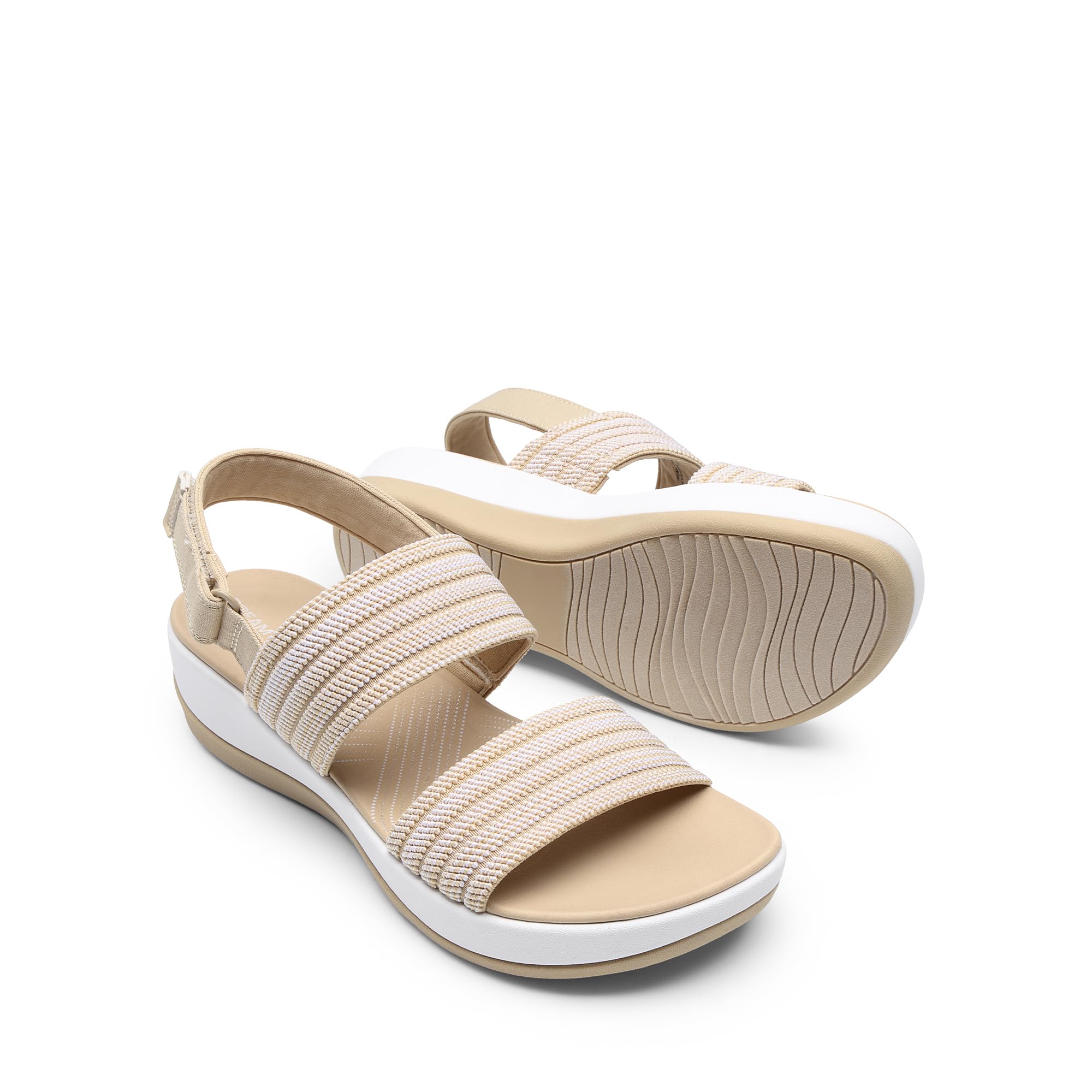 DREAM PAIRS Women's Walking Sandals Lightweight Soft Footbed Low Wedge Comfort Indoor Outdoor Flat Sandals,Size 7,Beige,DWUMFS2522