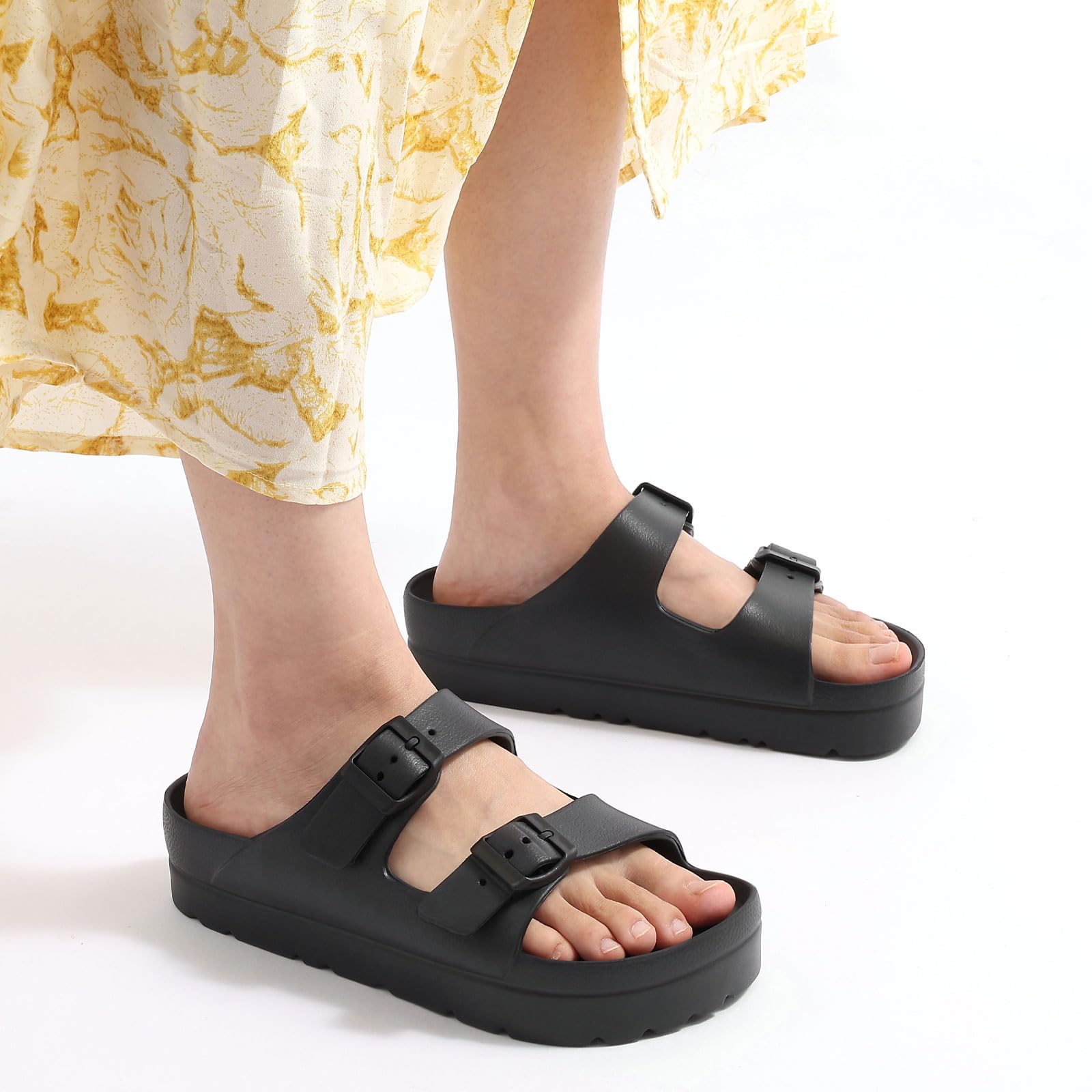 Goosecret Women's Platform Sandals with Arch Support Chunky Lightweight Foam Slip on Slides Comfortable Summer Beach Sandals with Adjustable Buckle Black, 38(size 7.5)