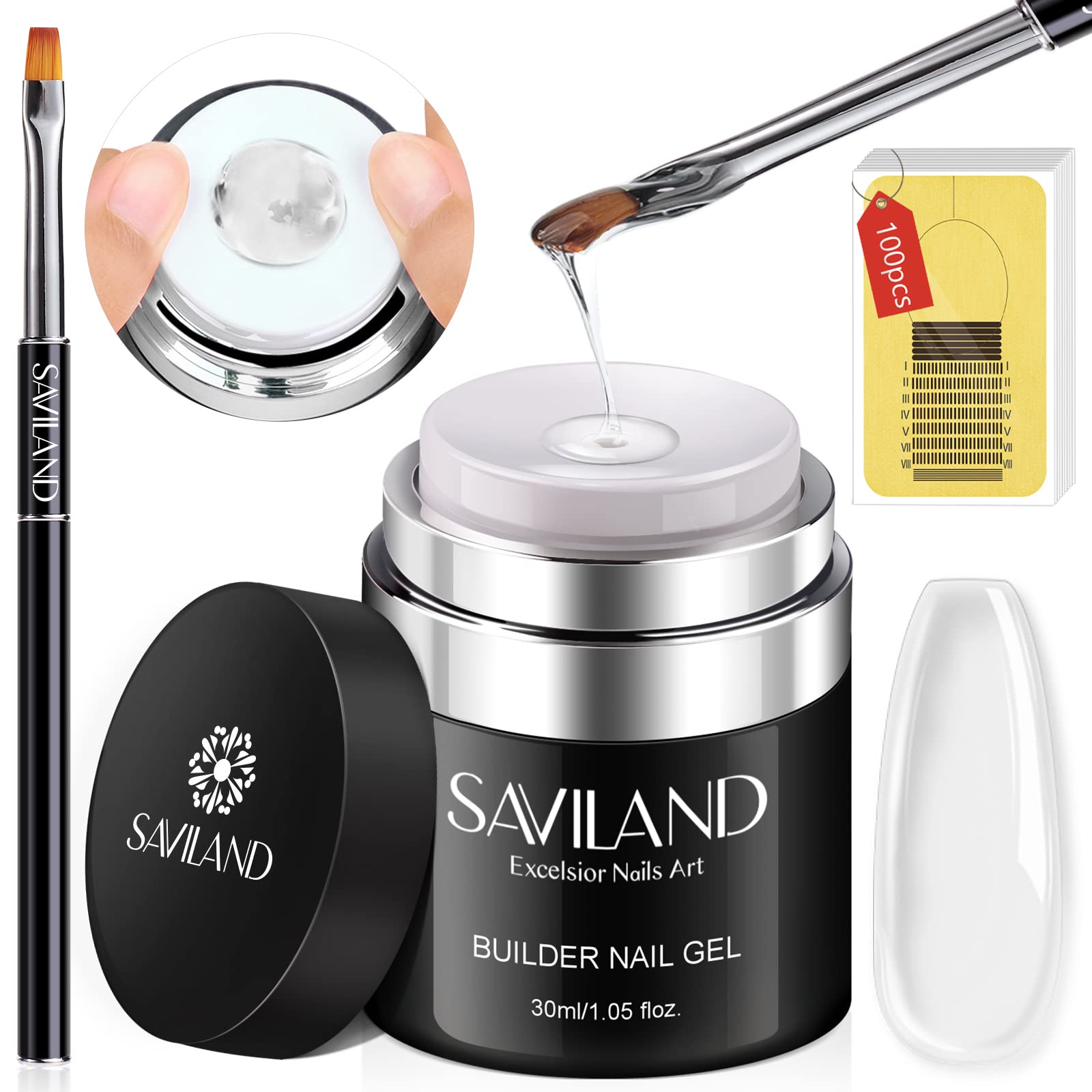 SAVILAND Builder Gel for Nails: 30ml Clear Hard Gel for Extension, Builder with Air Cushion Builder Base &Nail Strengthener Art Manicure Set 100pcs Nail Forms and Acrylic Brushr Thickening Home Use