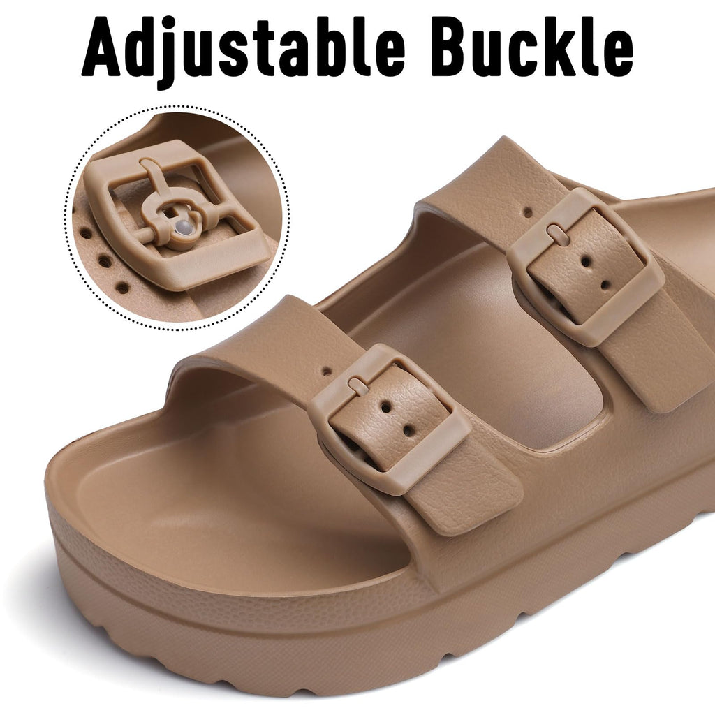 Goosecret Women's Platform Sandals with Arch Support Chunky Lightweight Foam Slip on Slides Comfortable Summer Beach Sandals with Adjustable Buckle Brown, 38(size 7.5)