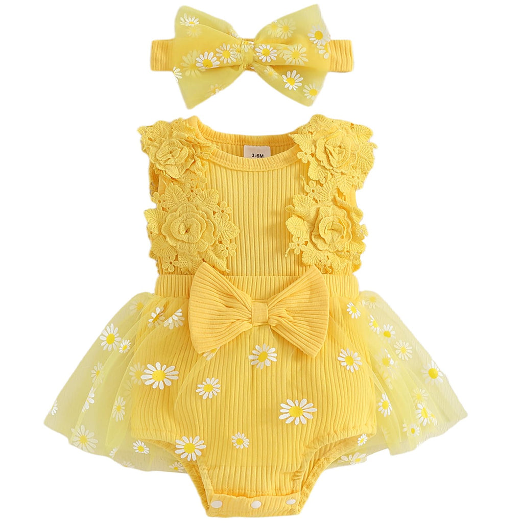 Mubineo Baby Girl Summer Clothes Outfits Sleeveless Lace Floral Romper Dress Newborn Outfit (Yellow Daisy, 6-9 Months)