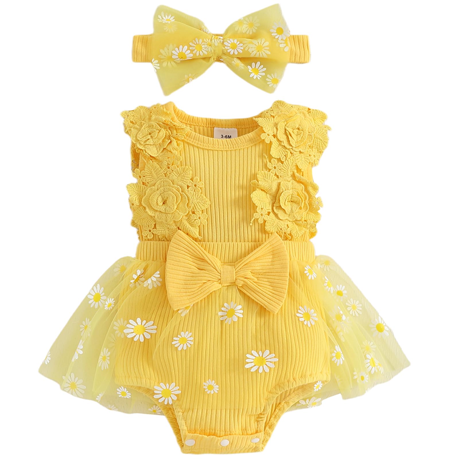 Mubineo Baby Girl Summer Clothes Outfits Sleeveless Lace Floral Romper Dress Newborn Outfit (Yellow Daisy, 6-9 Months)