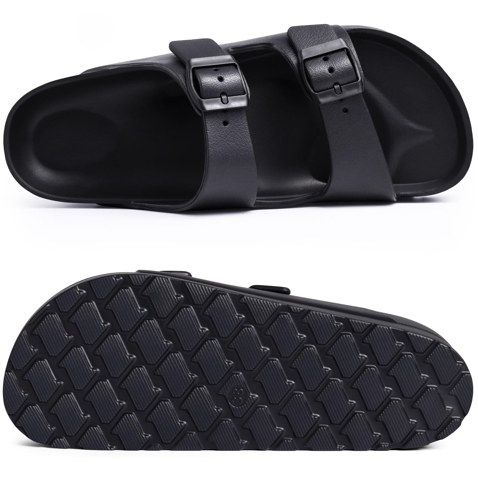 Goosecret Women's Platform Sandals with Arch Support Chunky Lightweight Foam Slip on Slides Comfortable Summer Beach Sandals with Adjustable Buckle Black, 38(size 7.5)