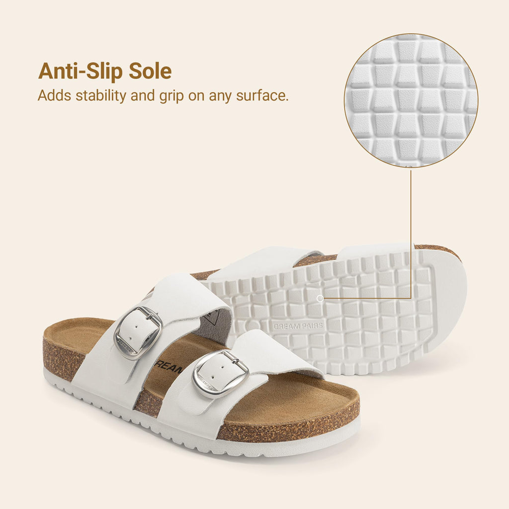 DREAM PAIRS Women's Slides Soft Genuine Footbed Sandals Comfortable Adjustable Double Buckle Slip-on Flat Sandals with Arch Support Frame Dual Slippers for Summer 2026,Size 7,White,SDSS26004W