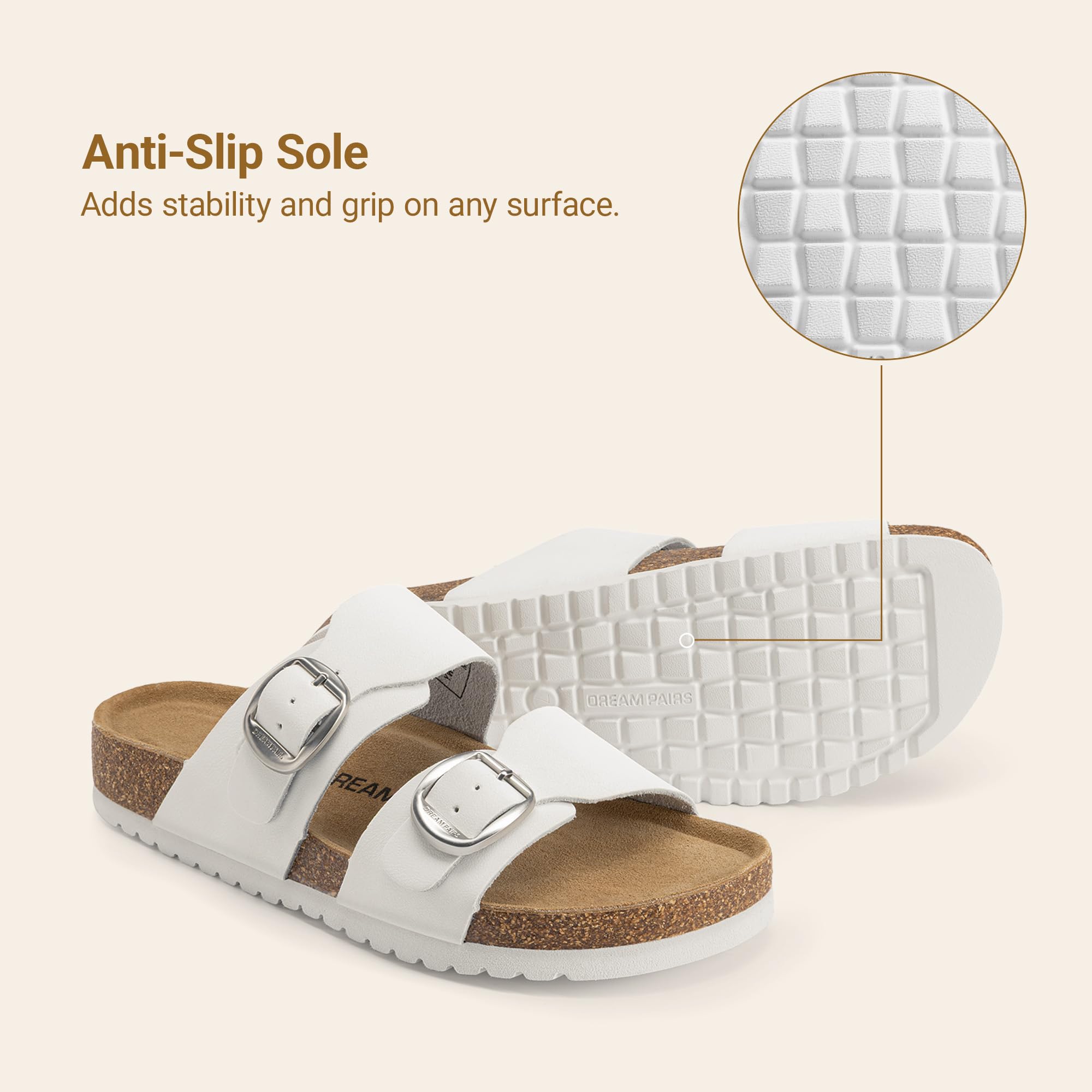 DREAM PAIRS Women's Slides Soft Genuine Footbed Sandals Comfortable Adjustable Double Buckle Slip-on Flat Sandals with Arch Support Frame Dual Slippers for Summer 2026,Size 7,White,SDSS26004W