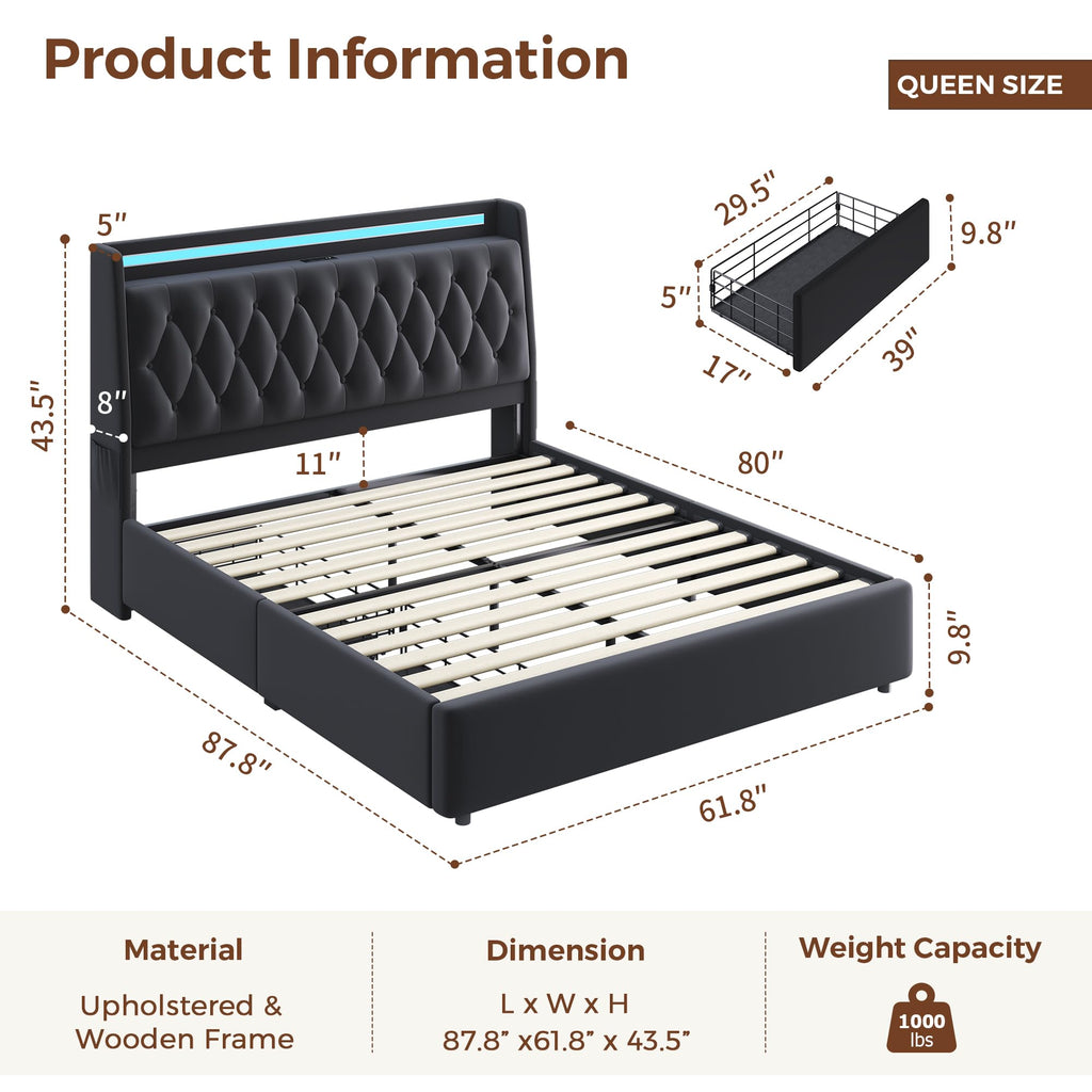 Queen LED Velvet Bed Frame with 2 Storage Drawers&Hidden Headboard, Upholstered Platform Bed with Charging Station&Button Tufted Design, Wooden Slats Support, Box Spring Optional, Easy Assembly, Black