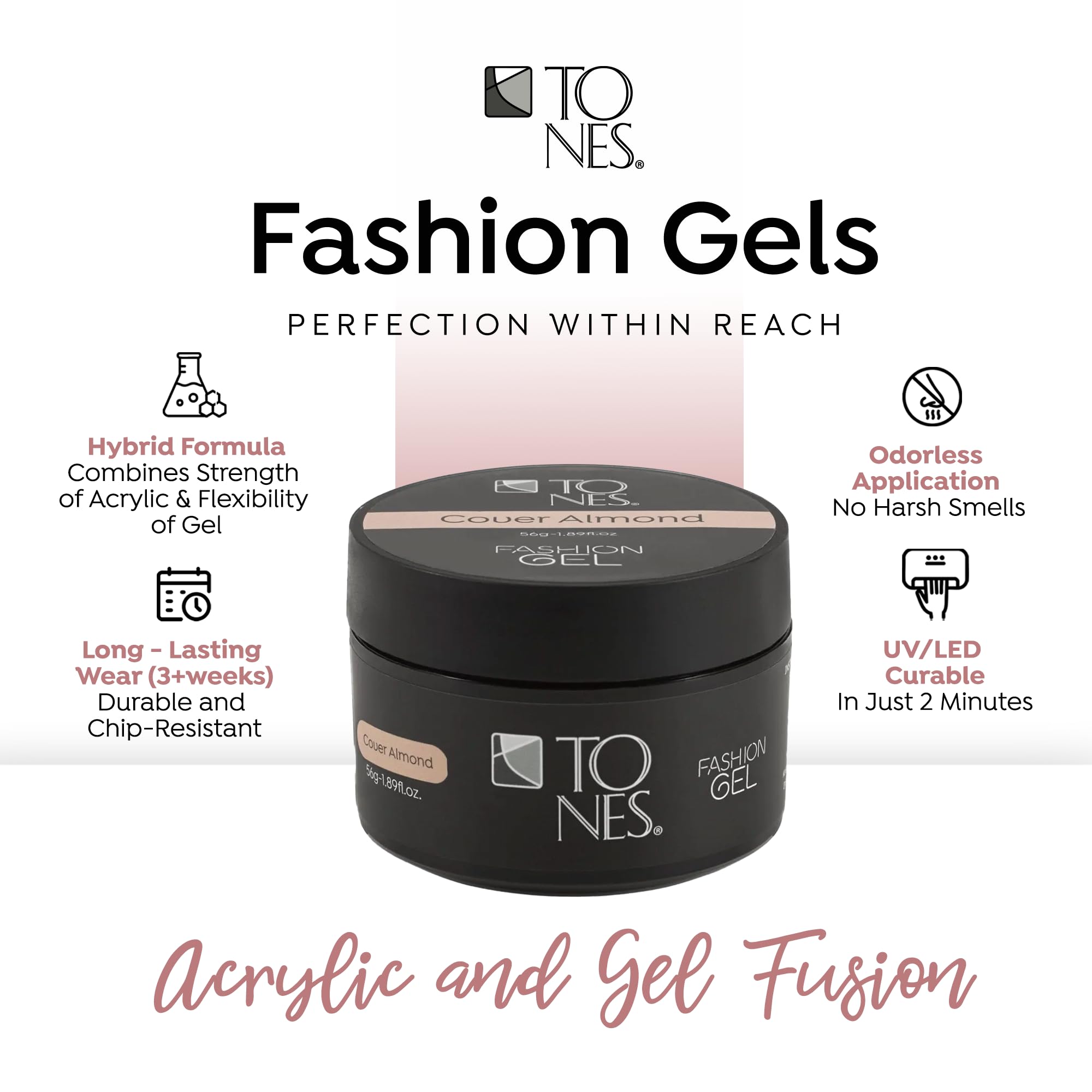 TONES Fashion Gel - Premium, Long-Lasting LED or UV Poly Nail Gel - 7-Free - Quick-Curing Nail Art and Nail Design Overlay or Nail Sculpting - (1.89 Oz, Cover Almond)