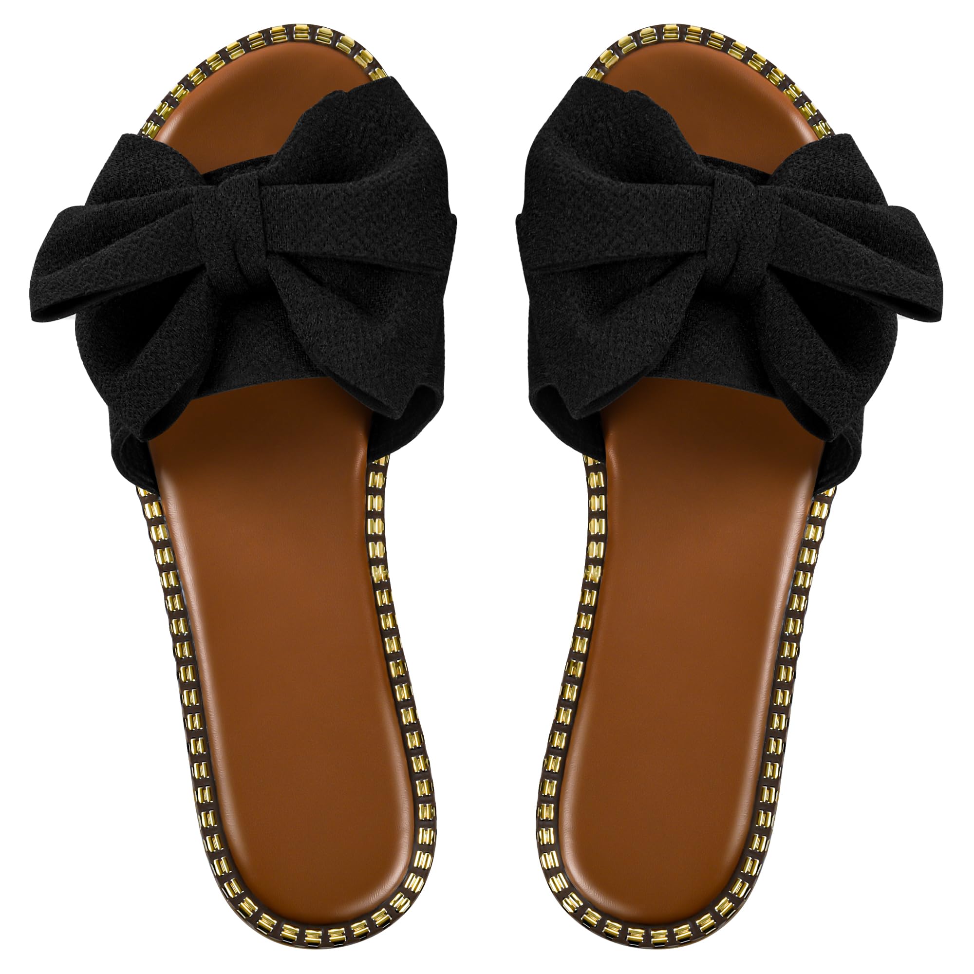 Sksshion Women's Bow Knot Slides Open Toe Flat Sandals Summer Slip On Slippers Black 7