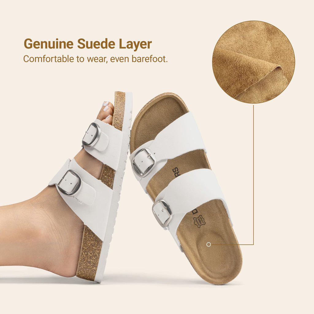 DREAM PAIRS Women's Slides Soft Genuine Footbed Sandals Comfortable Adjustable Double Buckle Slip-on Flat Sandals with Arch Support Frame Dual Slippers for Summer 2026,Size 7,White,SDSS26004W