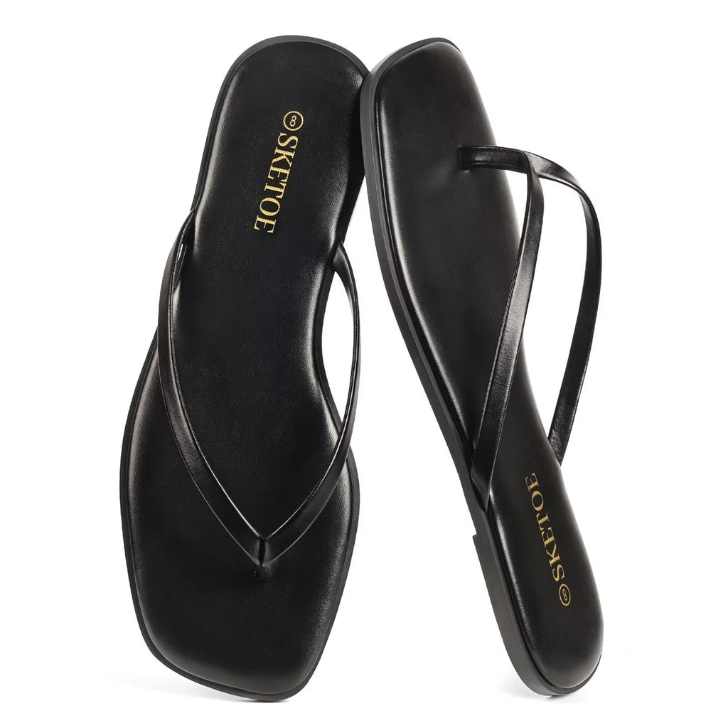SKETOE Flip Flops for Women Square Toe Flat Sandals for Women Comfortable Thong Sandals Leather Flip Flops Lightweight Summer Beach Sandals Dressy Vacation Essentials Slides, Black