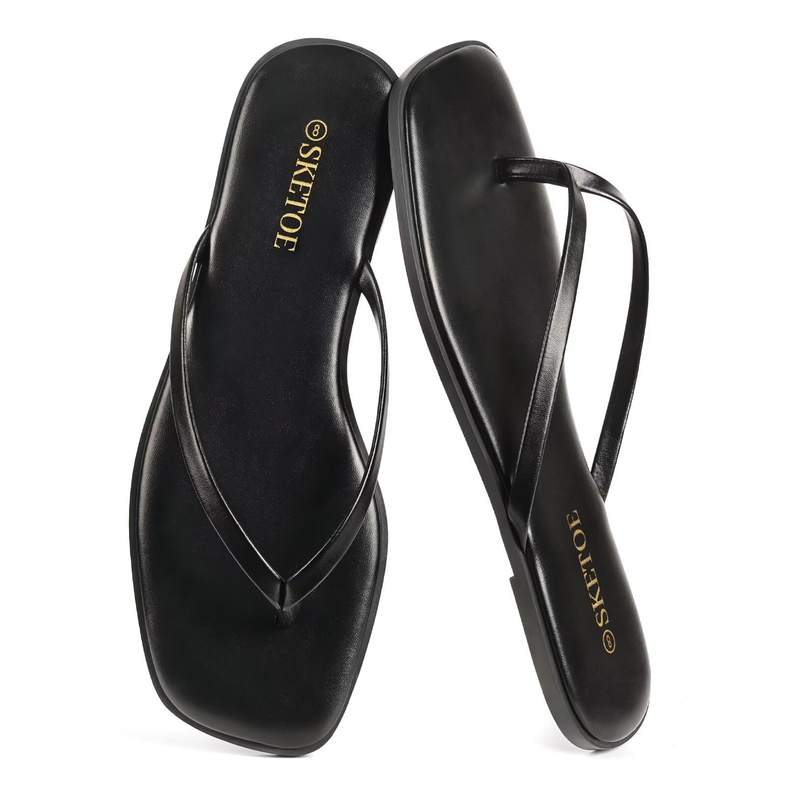 SKETOE Flip Flops for Women Square Toe Flat Sandals for Women Comfortable Thong Sandals Leather Flip Flops Lightweight Summer Beach Sandals Dressy Vacation Essentials Slides, Black