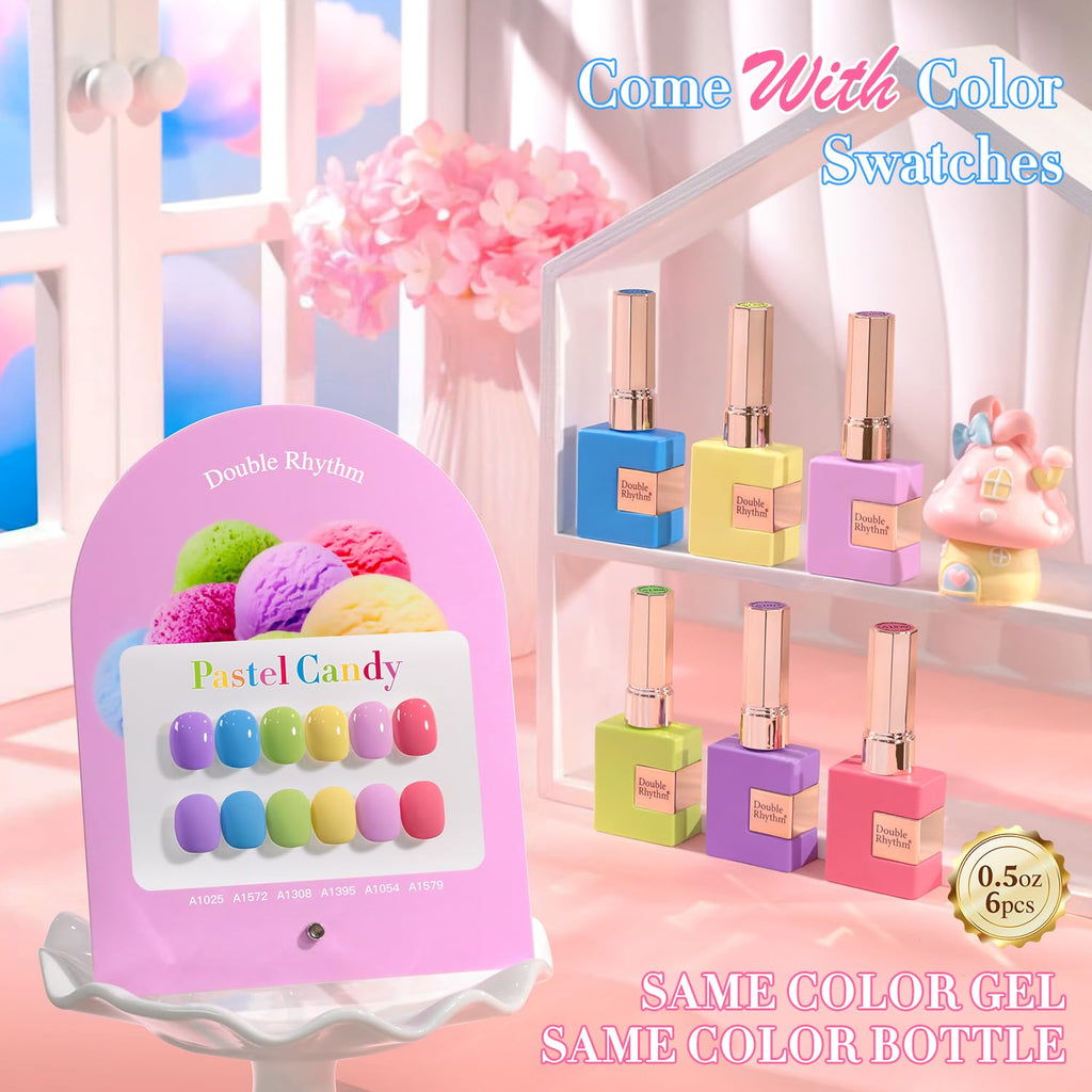 Double Rhythm 6 Pcs 15 ML Gel Polish Set Same Color Same Bottle Soak Off Gel Polish Kit Nail Art Manicure Salon DIY at Home for Women (Purple Blue Green Yellow Pink Peach-T6-10)