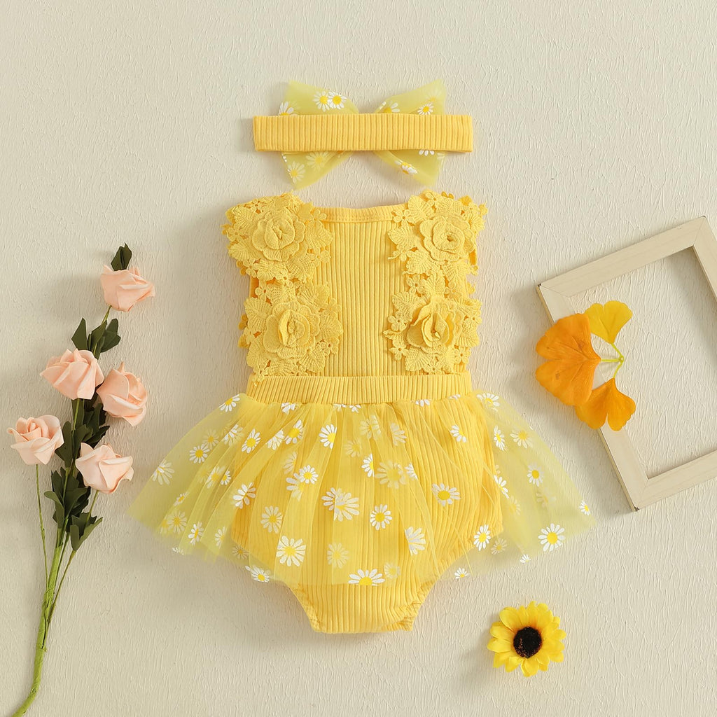 Mubineo Baby Girl Summer Clothes Outfits Sleeveless Lace Floral Romper Dress Newborn Outfit (Yellow Daisy, 6-9 Months)