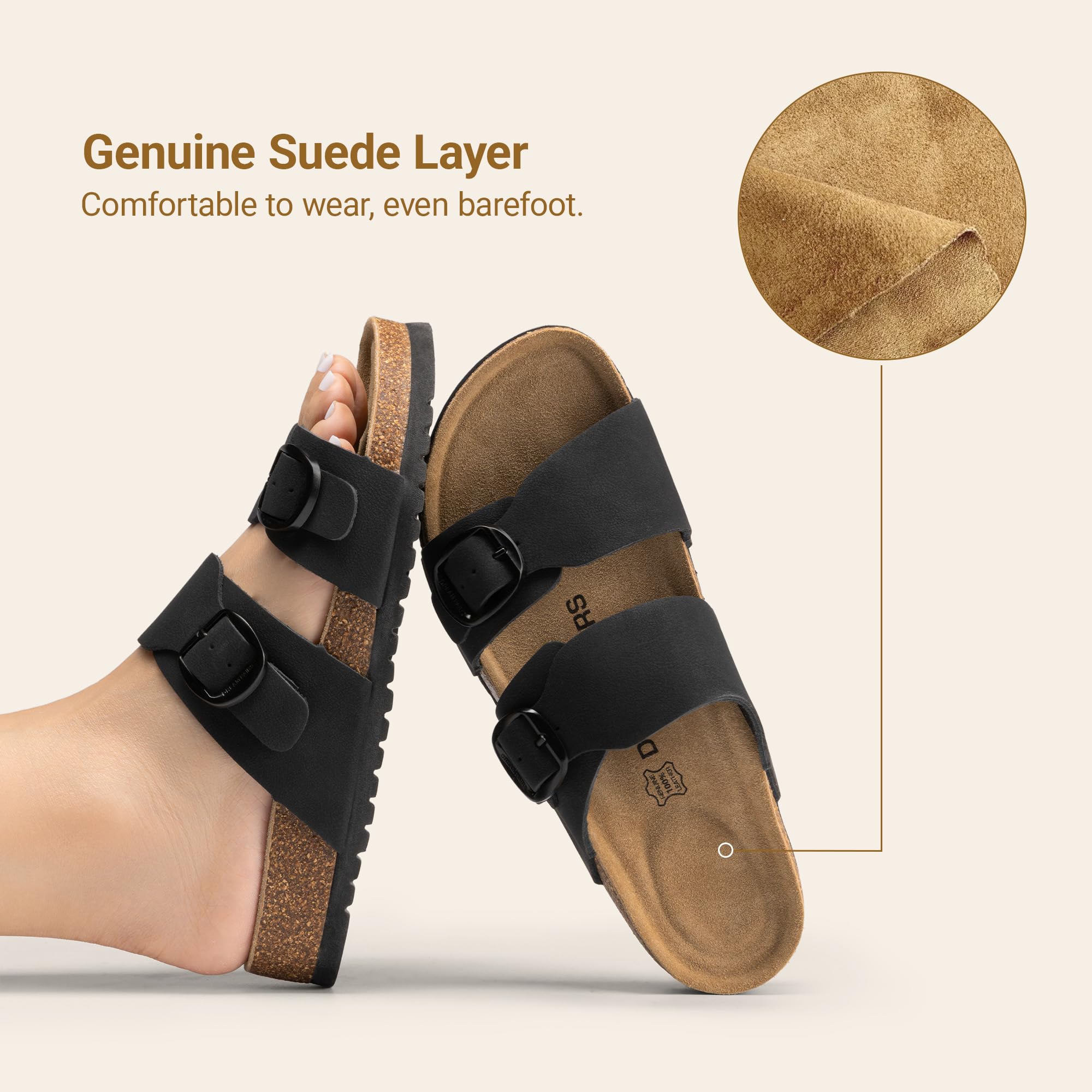 DREAM PAIRS Women's Slides Soft Genuine Footbed Sandals Comfortable Adjustable Double Buckle Slip-on Flat Sandals with Arch Support Frame Dual Slippers for Summer 2026,Size 7,Black,SDSS26004W