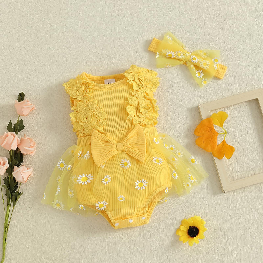Mubineo Baby Girl Summer Clothes Outfits Sleeveless Lace Floral Romper Dress Newborn Outfit (Yellow Daisy, 6-9 Months)
